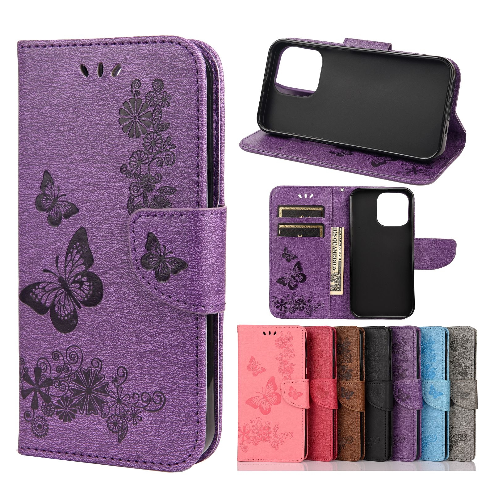 For iPhone 13 Pro Vintage Embossed Floral Butterfly Pattern Horizontal Flip Leather Case with Card Slot & Holder & Wallet & Lanyard (Purple) -