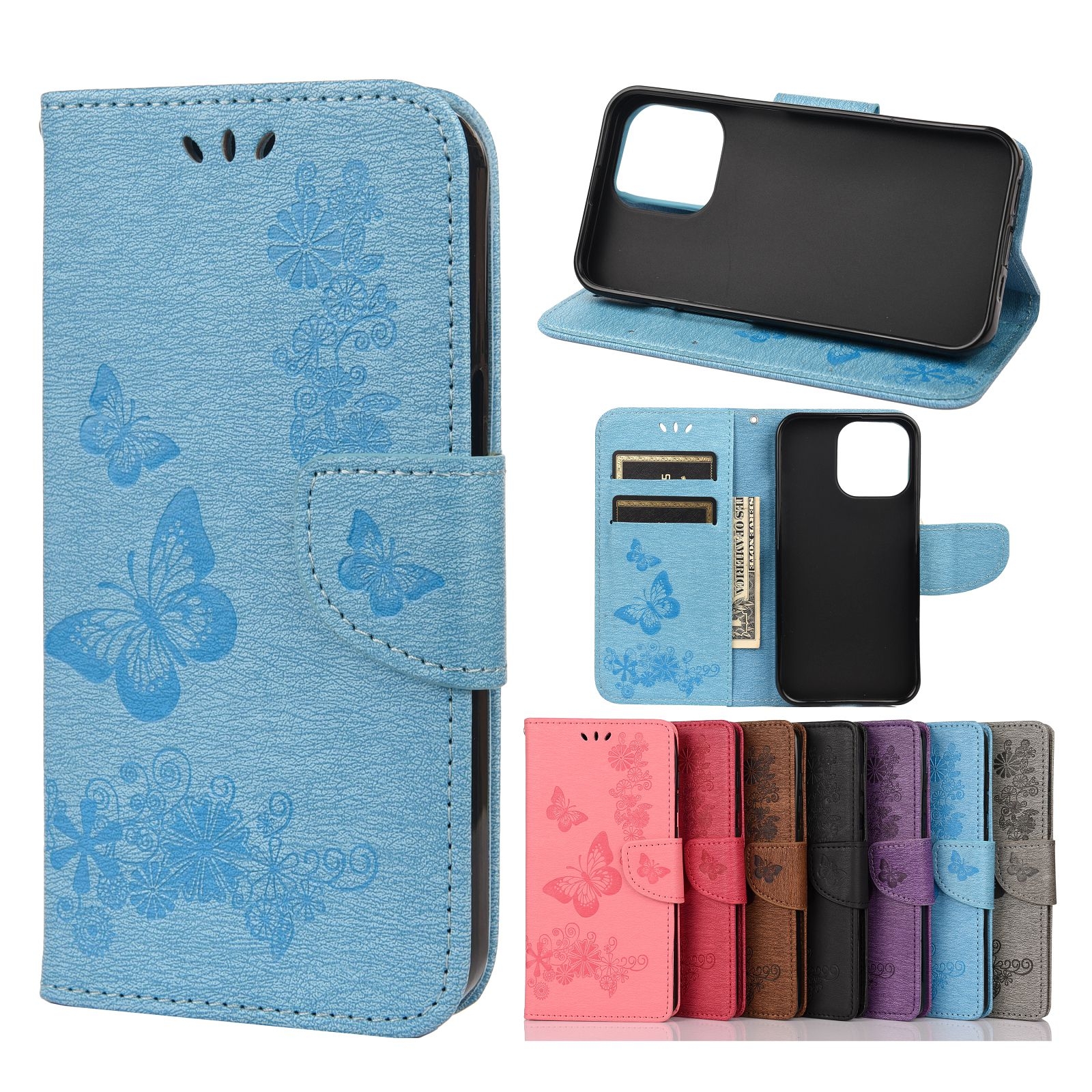 For iPhone 13 Pro Max Vintage Embossed Floral Butterfly Pattern Horizontal Flip Leather Case with Card Slot & Holder & Wallet & Lanyard (Blue) -