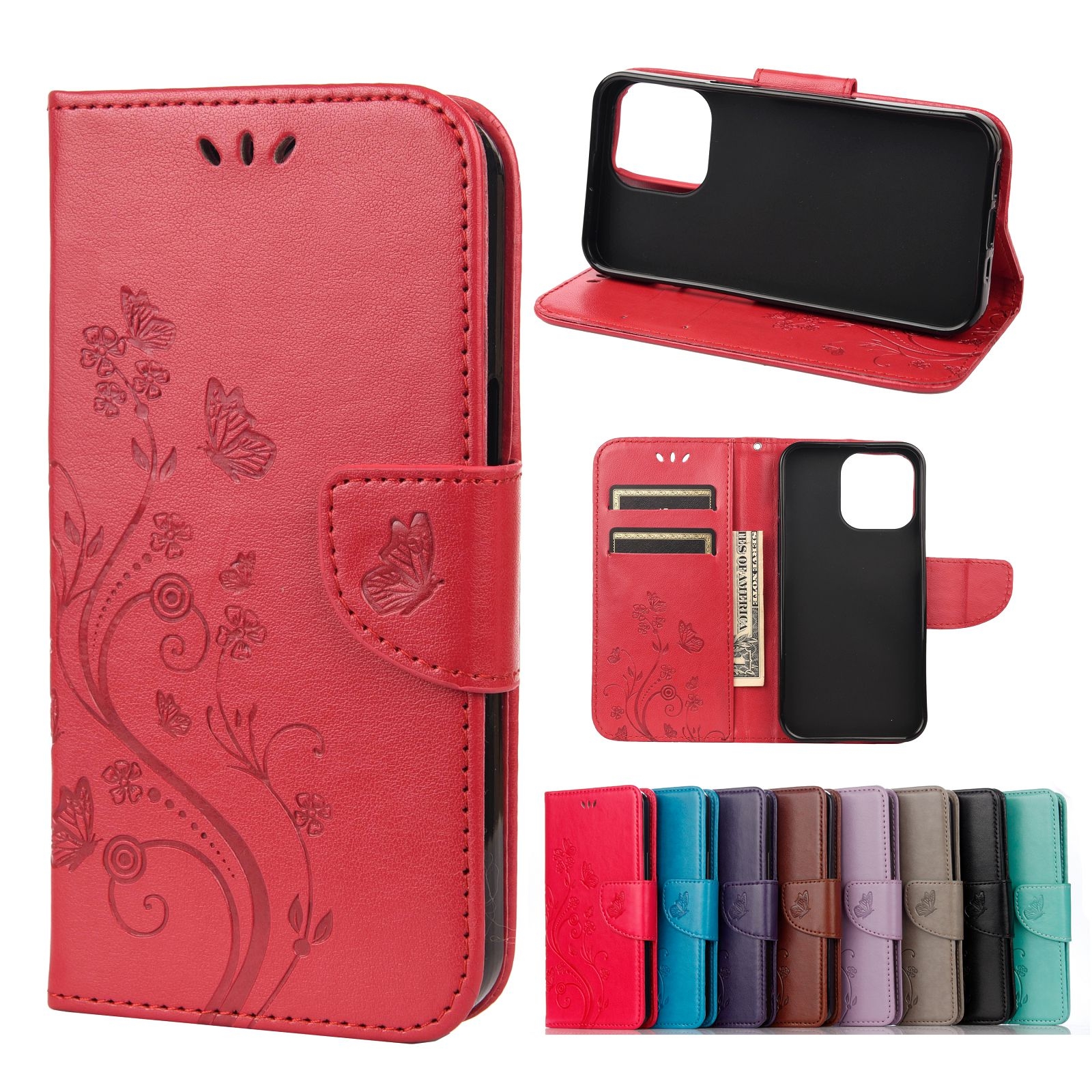 For iPhone 13 mini Butterfly Flower Pattern Horizontal Flip Leather Case with Holder & Card Slots & Wallet (Red) - Shopkiz.com