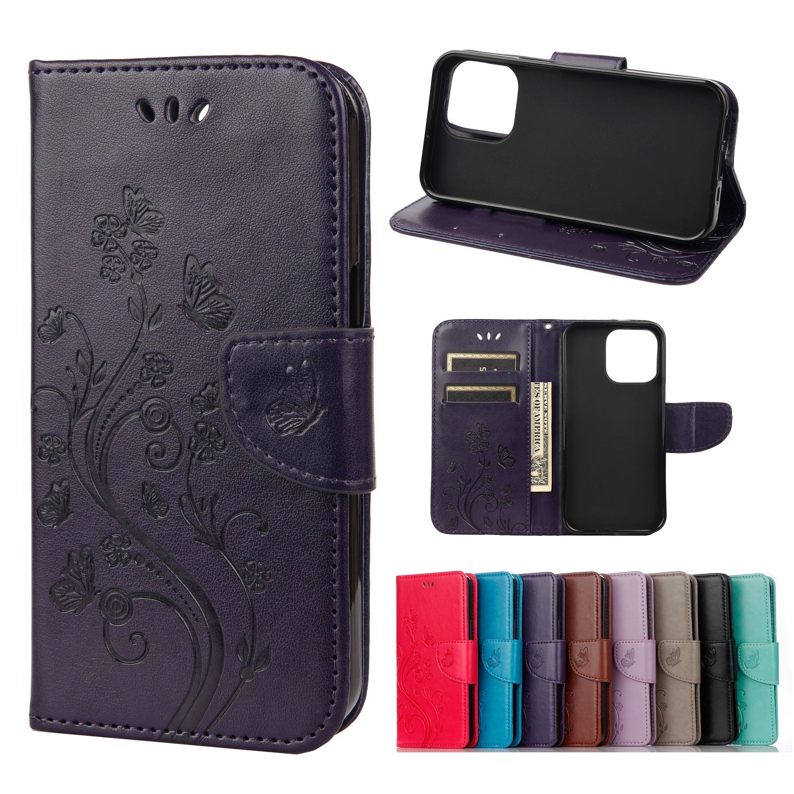 For iPhone 13 mini Butterfly Flower Pattern Horizontal Flip Leather Case with Holder & Card Slots & Wallet (Deep Purple) - Shopkiz.com