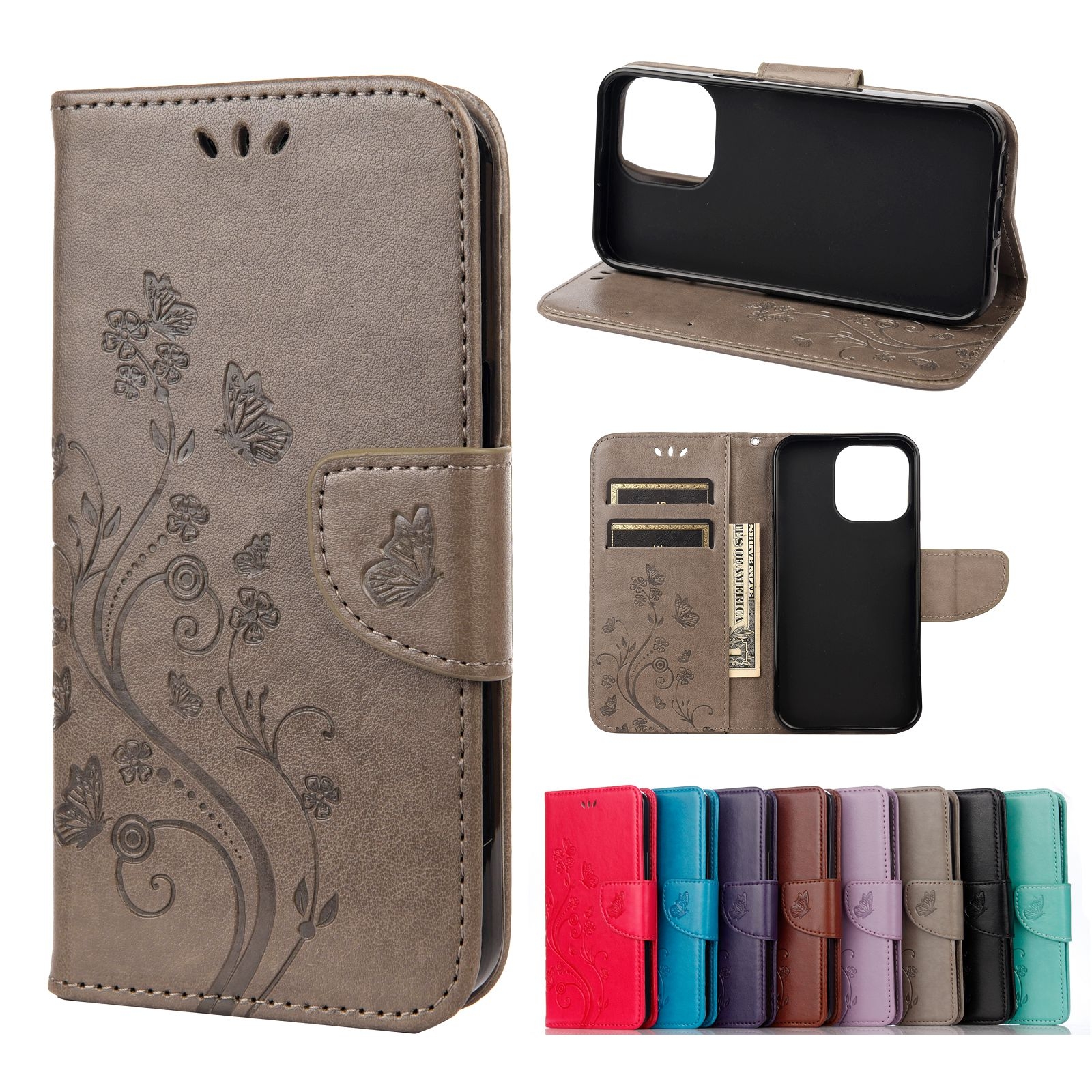 For iPhone 13 Butterfly Flower Pattern Horizontal Flip Leather Case with Holder & Card Slots & Wallet(Grey) - Shopkiz.com