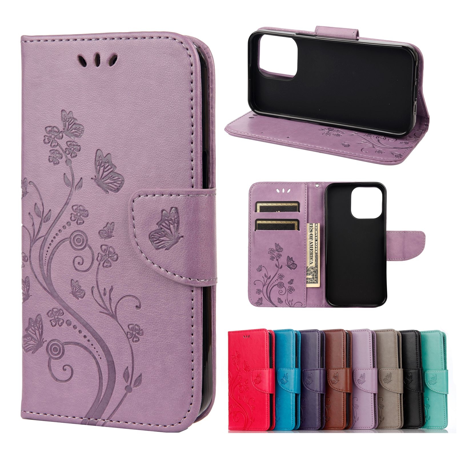 For iPhone 13 Pro Butterfly Flower Pattern Horizontal Flip Leather Case with Holder & Card Slots & Wallet (Light Purple) - Shopkiz.com