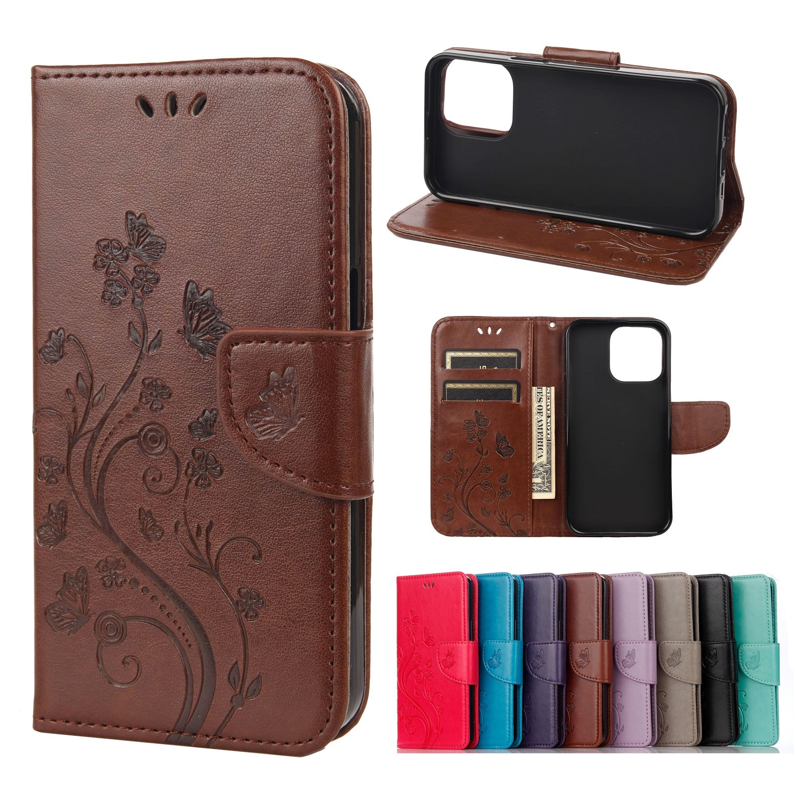 For iPhone 13 Pro Butterfly Flower Pattern Horizontal Flip Leather Case with Holder & Card Slots & Wallet (Brown) - Shopkiz.com