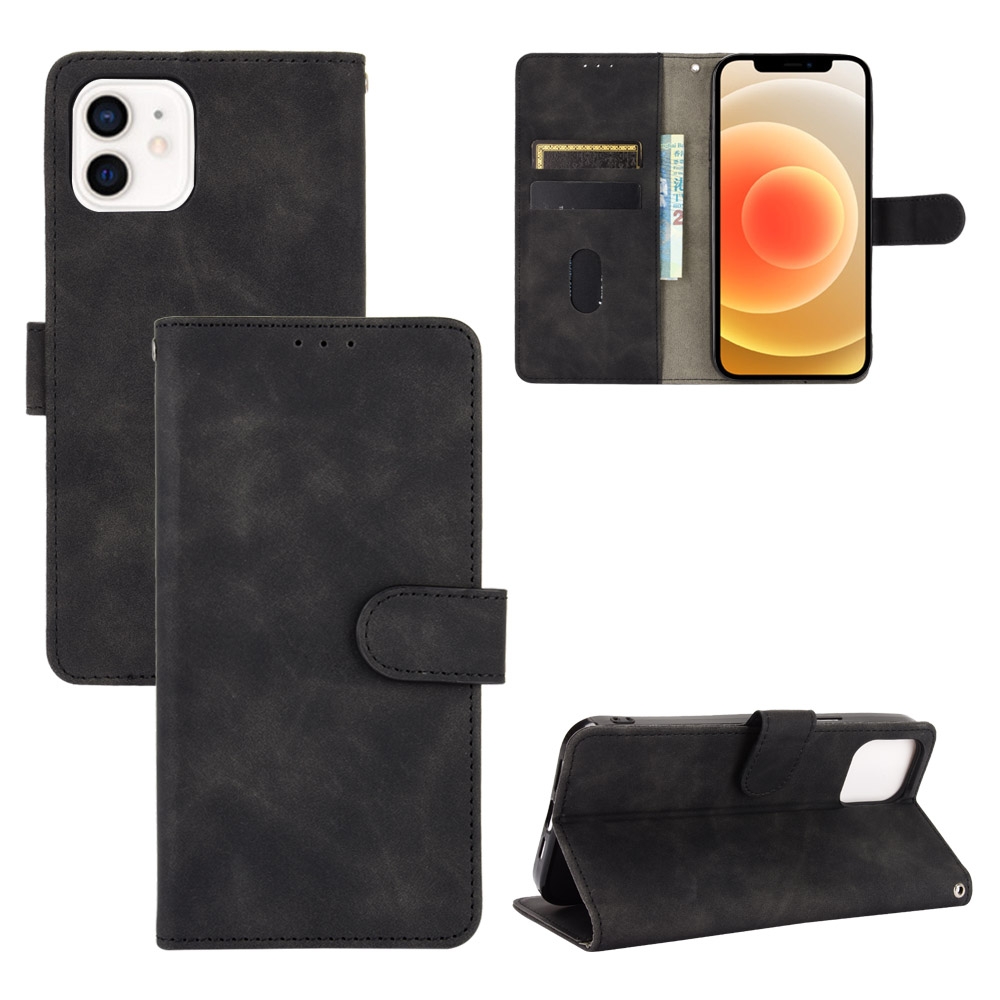 For iPhone 13 Solid Color Skin Feel Magnetic Buckle Horizontal Flip Calf Texture PU Leather Case with Holder & Card Slots & Wallet(Black) -