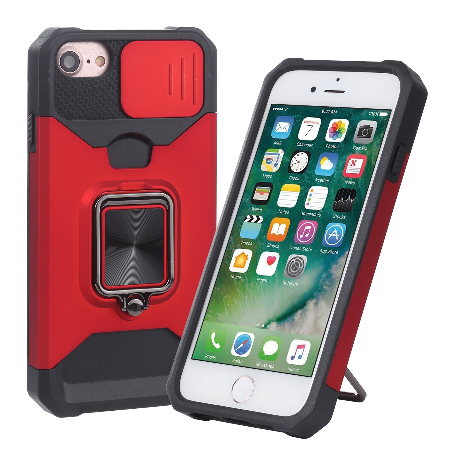 For iPhone SE 2022 / SE 2020 / 8 / 7 / 6s / 6 Sliding Camera Cover Design PC + TPU Shockproof Case with Ring Holder & Card Slot (Red) - Shopkiz.com