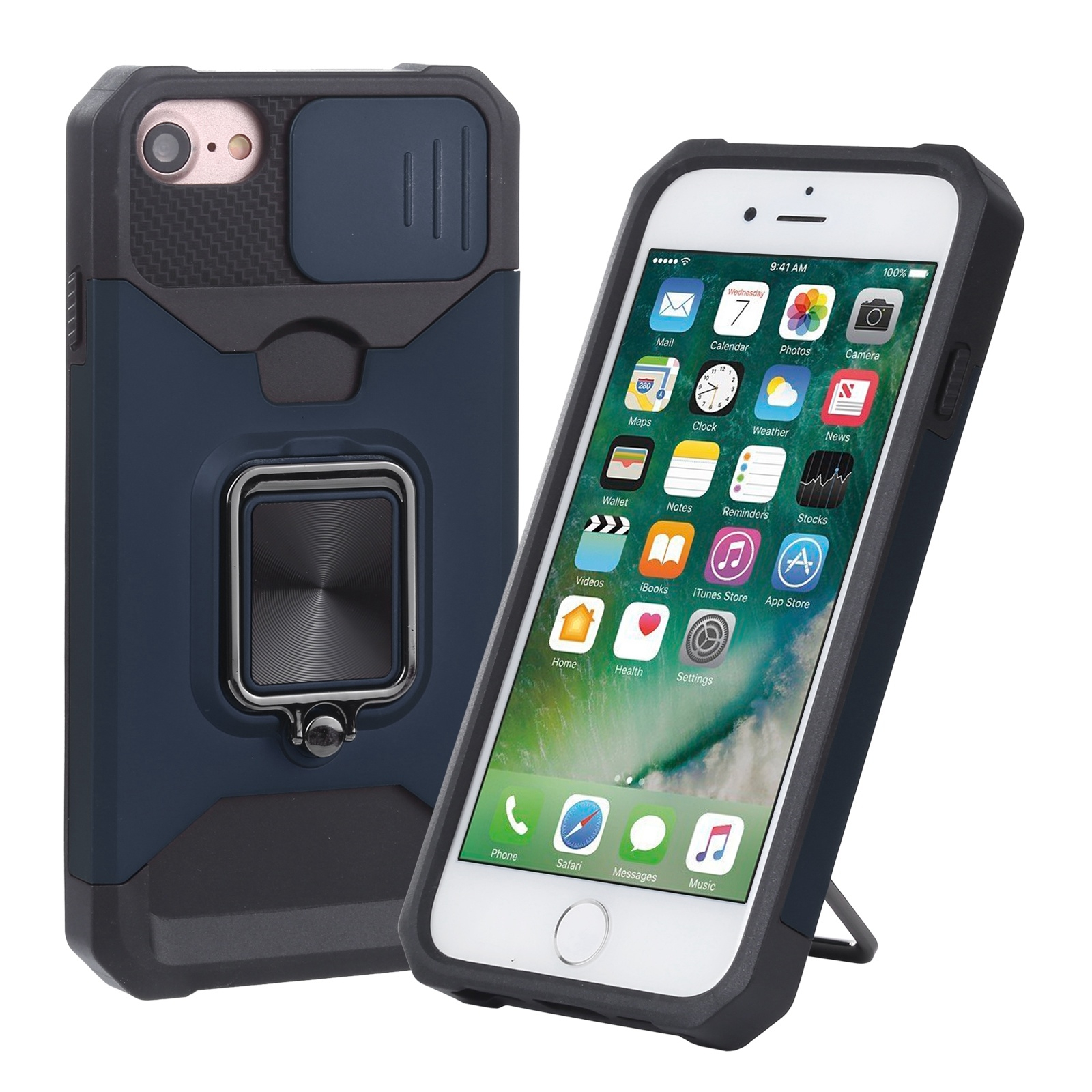 For iPhone SE 2022 / SE 2020 / 8 / 7 / 6s / 6 Sliding Camera Cover Design PC + TPU Shockproof Case with Ring Holder & Card Slot (Blue) - Shopkiz.com