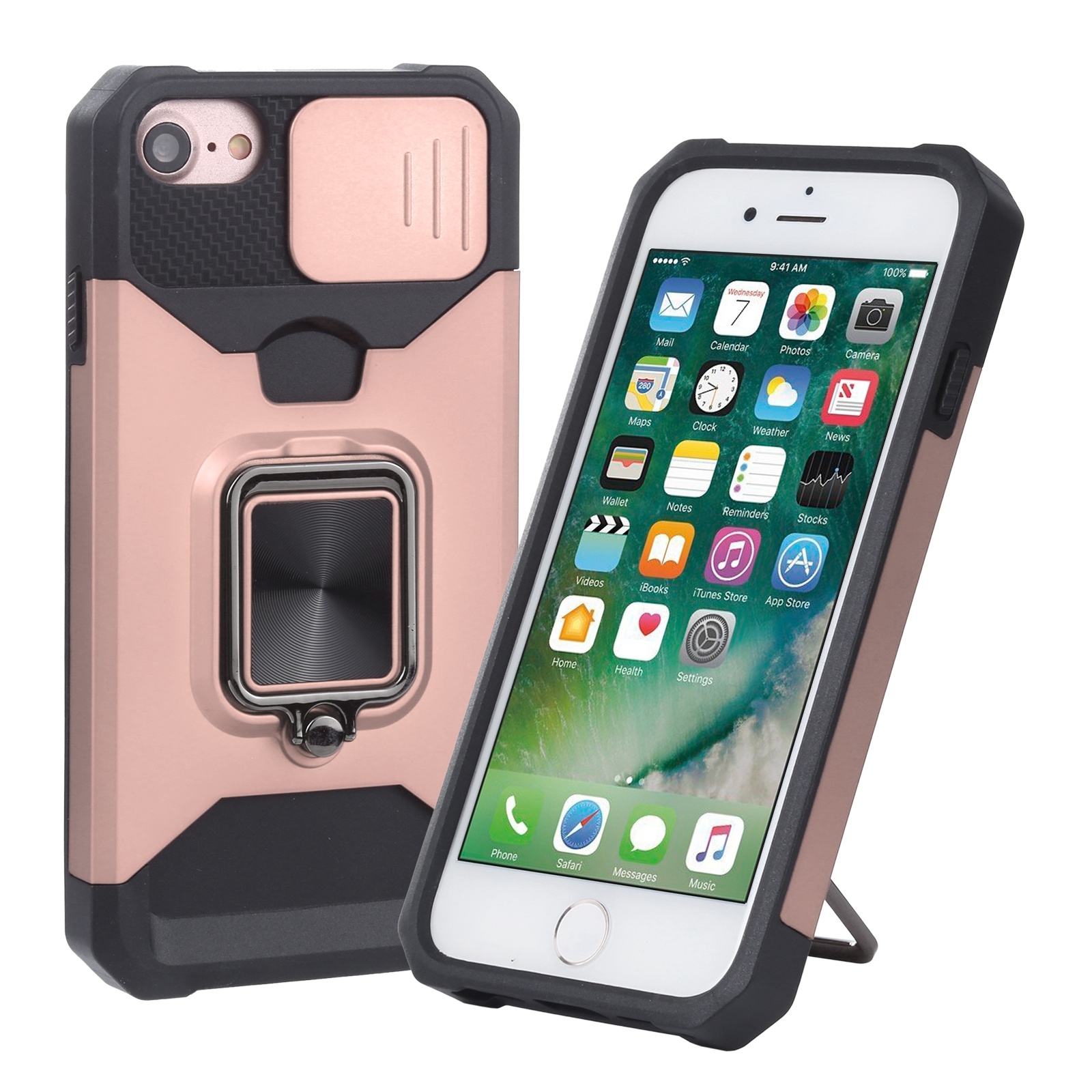 For iPhone SE 2022 / SE 2020 / 8 / 7 / 6s / 6 Sliding Camera Cover Design PC + TPU Shockproof Case with Ring Holder & Card Slot (Rose Gold) -