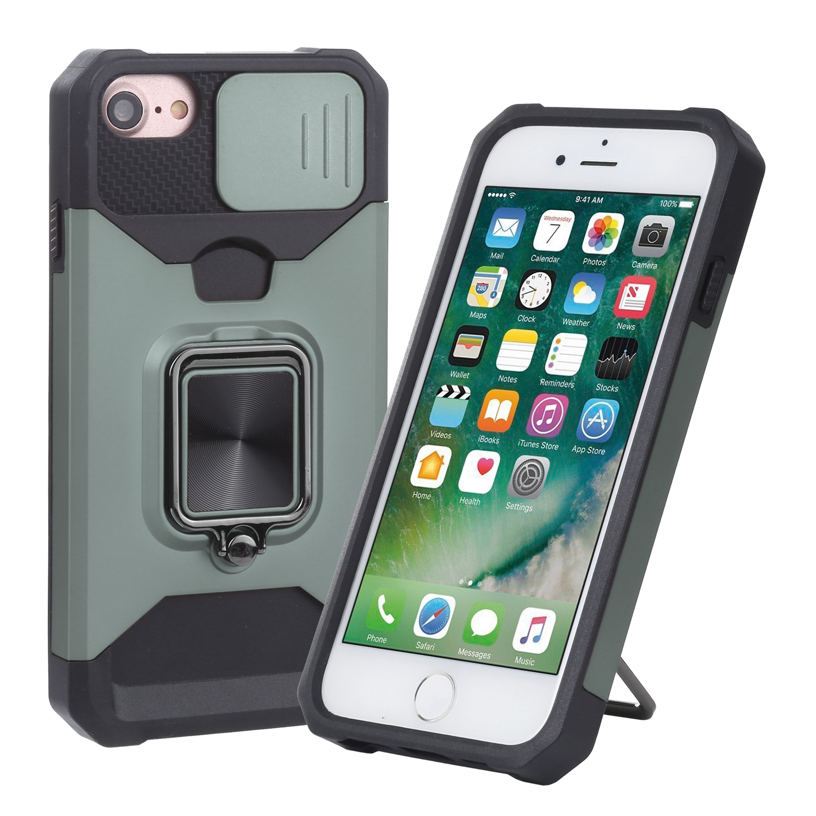 For iPhone SE 2022 / SE 2020 / 8 / 7 / 6s / 6 Sliding Camera Cover Design PC + TPU Shockproof Case with Ring Holder & Card Slot (Dark Green) -
