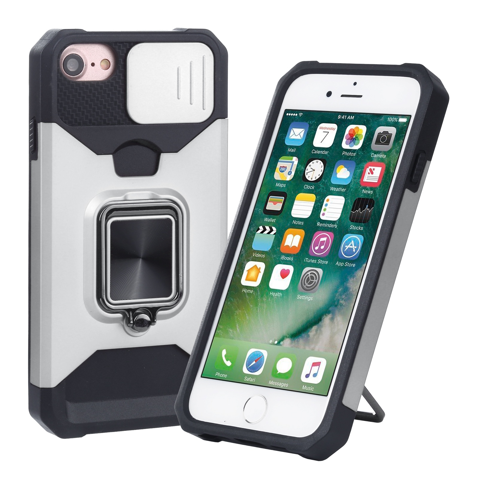 For iPhone SE 2022 / SE 2020 / 8 / 7 / 6s / 6 Sliding Camera Cover Design PC + TPU Shockproof Case with Ring Holder & Card Slot (Silver) - Shopkiz.com