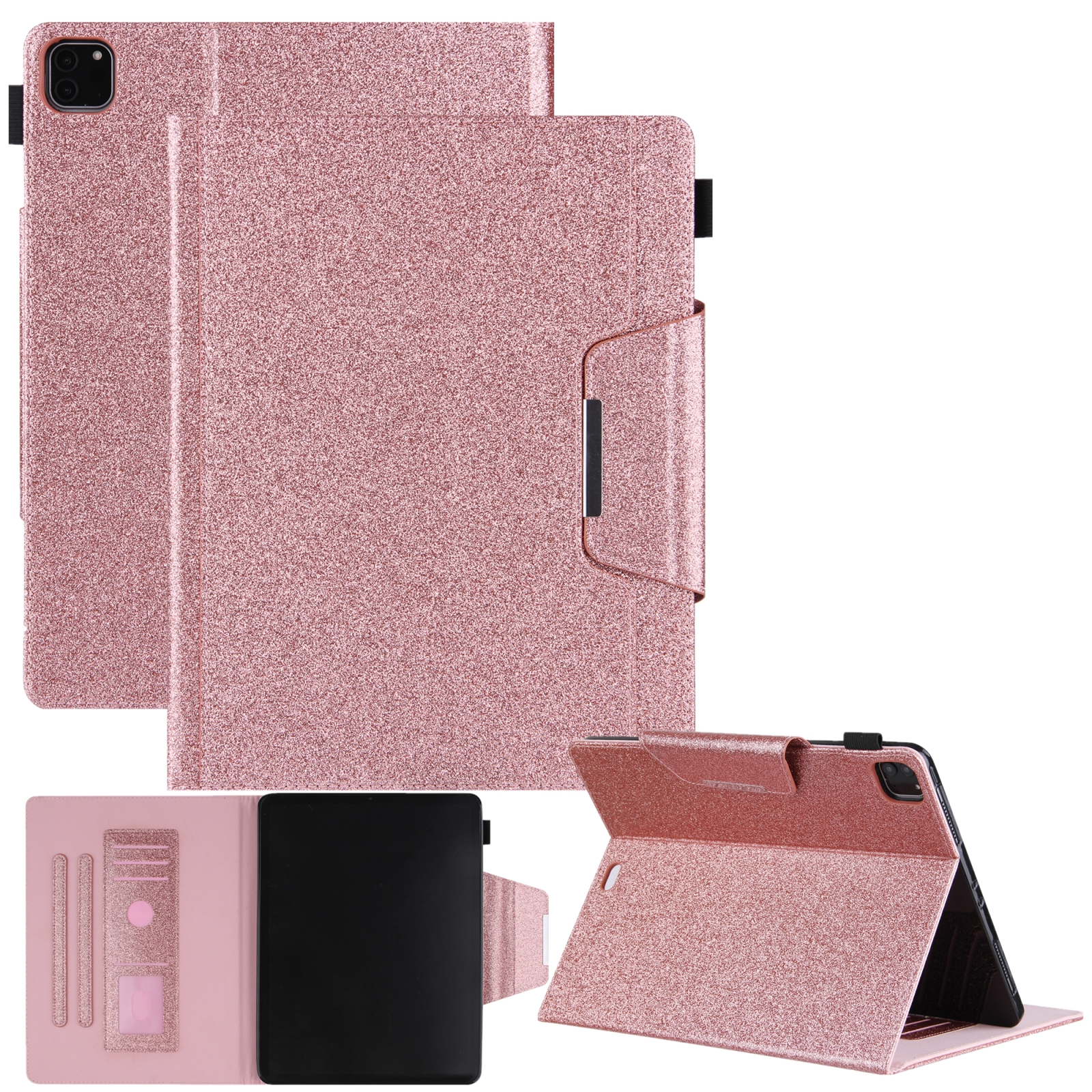 For iPad Pro 12.9 2022 / 2021 / 2020 / 2018 Glitter Powder Horizontal Flip Leather Tablet Case with Holder & Card Slot & Photo Frame & Wallet(Pink) -