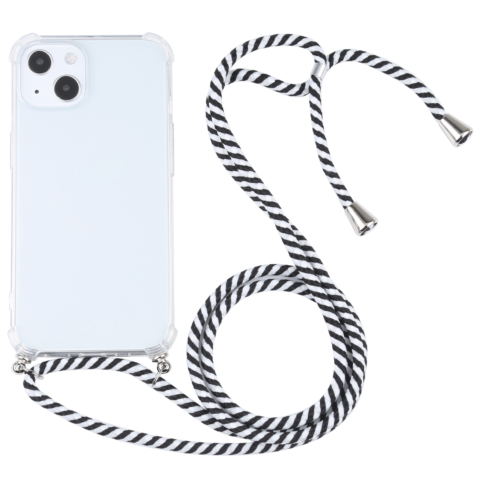 For iPhone 13 Four-corner Shockproof Transparent TPU Protective Case with Lanyard(Black White) - Shopkiz.com