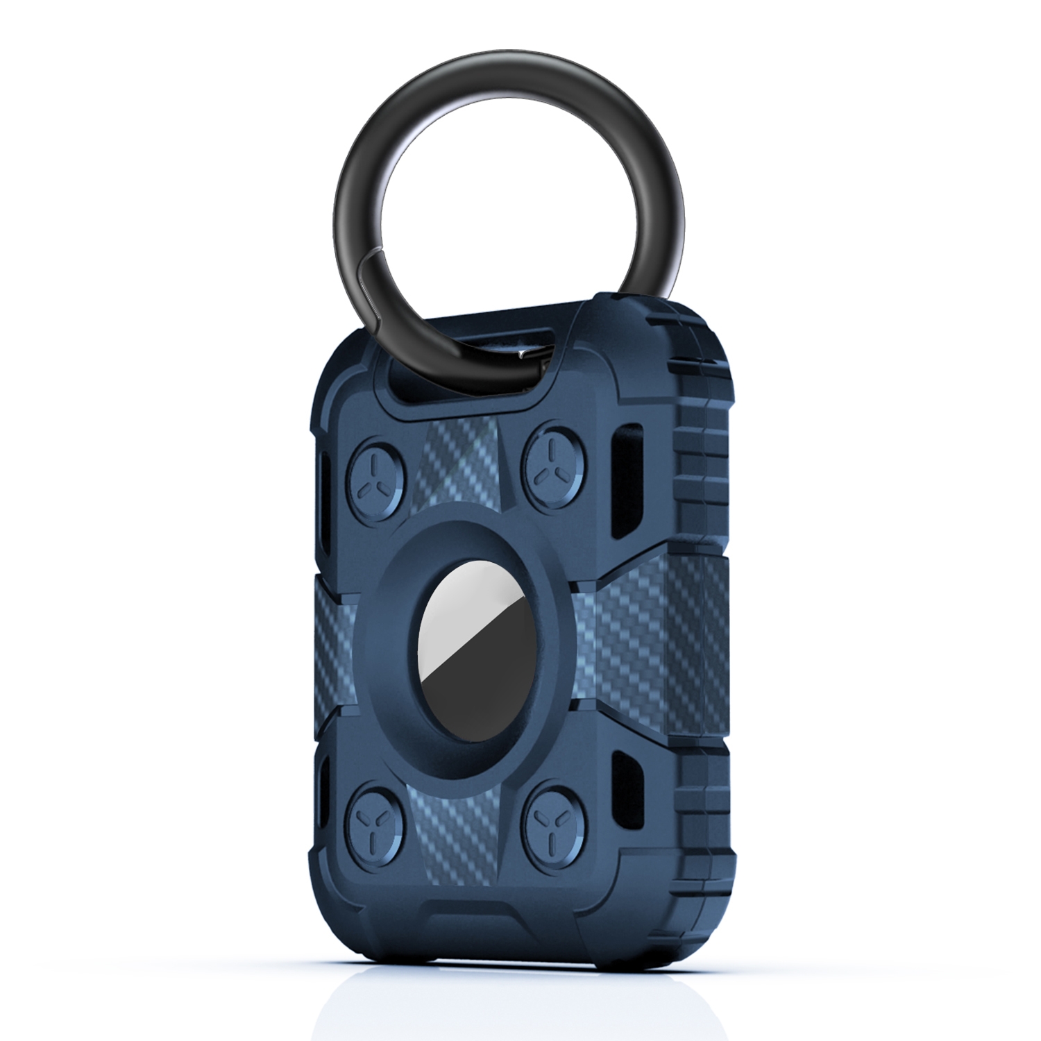 Tank Armor Anti-scratch Shockproof Carbon Fiber TPU Protective Cover Case with Keychain Ring Loop For AirTag 2nd Gen / AirTag 1st Gen(Dark Blue) -