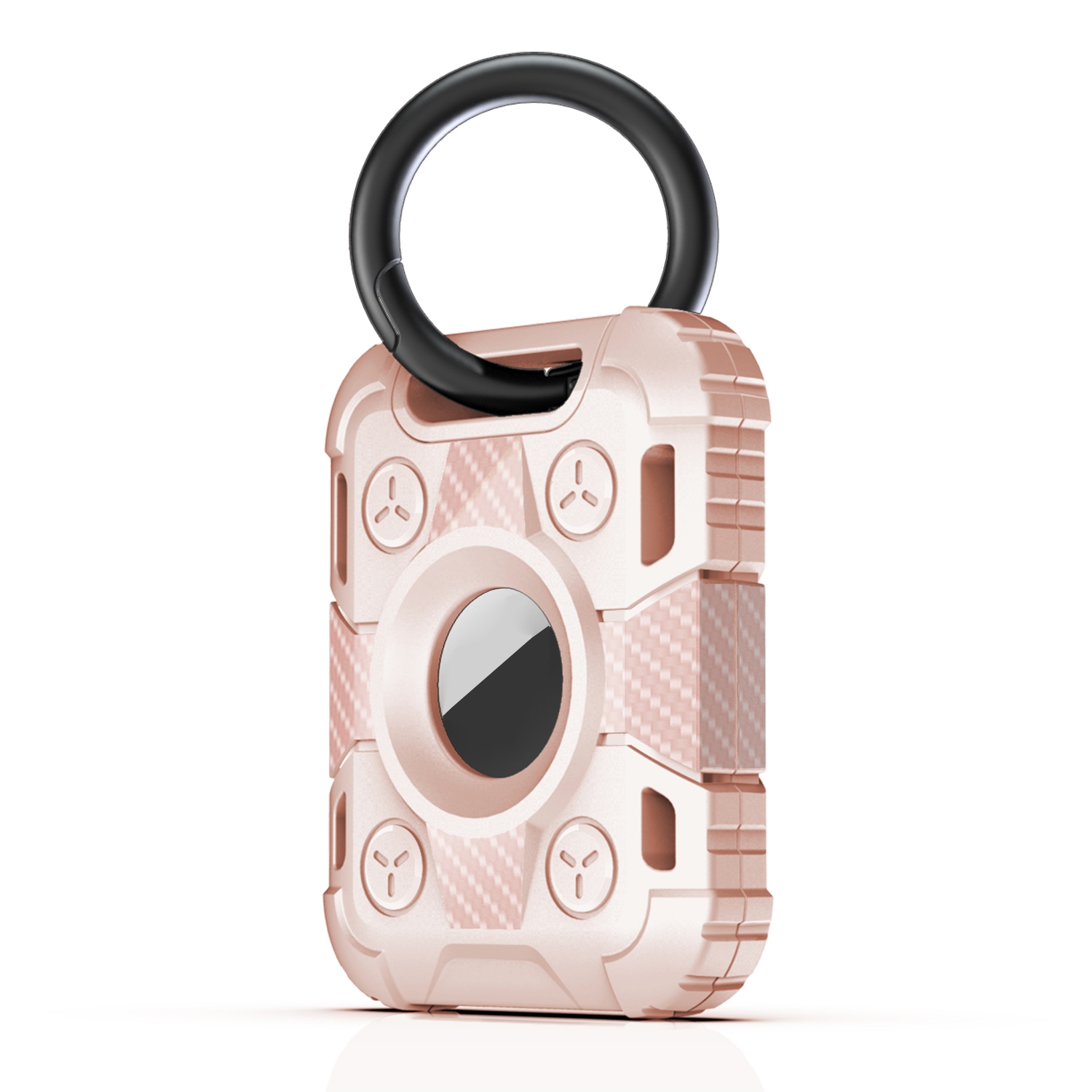 Tank Armor Anti-scratch Shockproof Carbon Fiber TPU Protective Cover Case with Keychain Ring Loop For AirTag 2nd Gen / AirTag 1st Gen(Pink) -