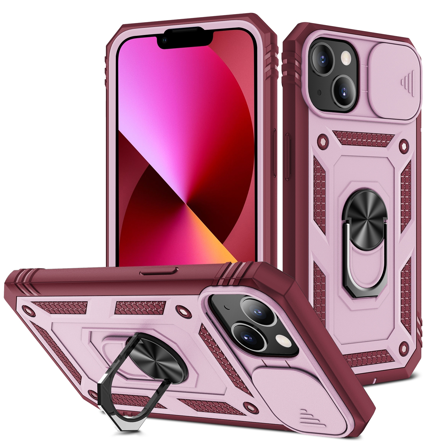 For iPhone 13 Sliding Camera Cover Design TPU + PC Protective Case with 360 Degree Rotating Holder & Card Slot(Pink+Dark Red) - Shopkiz.com