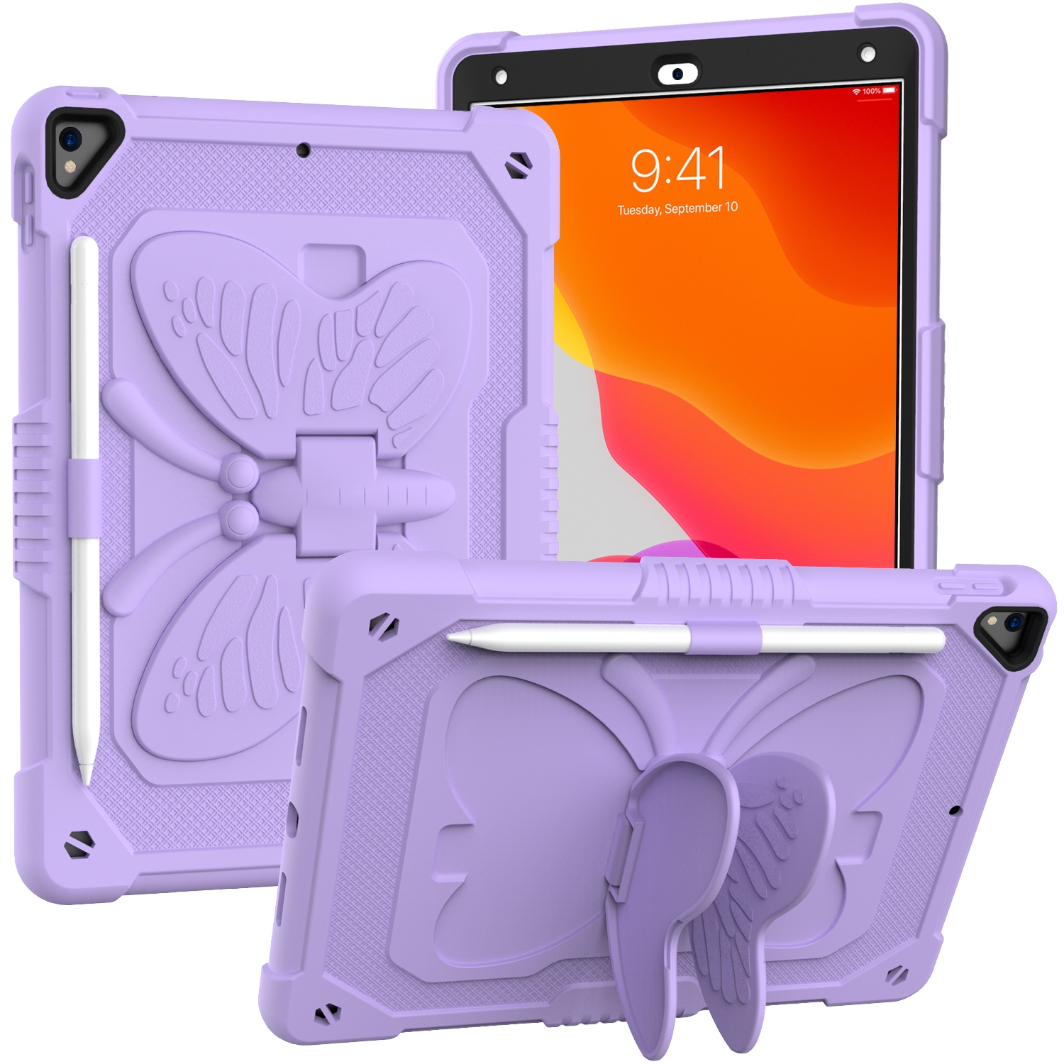 Pure Color PC + Silicone Anti-drop Protective Case with Butterfly Shape Holder & Pen Slot For iPad 10.2 2021 & 2020 & 2019 / Air 3 10.5 inch(Light