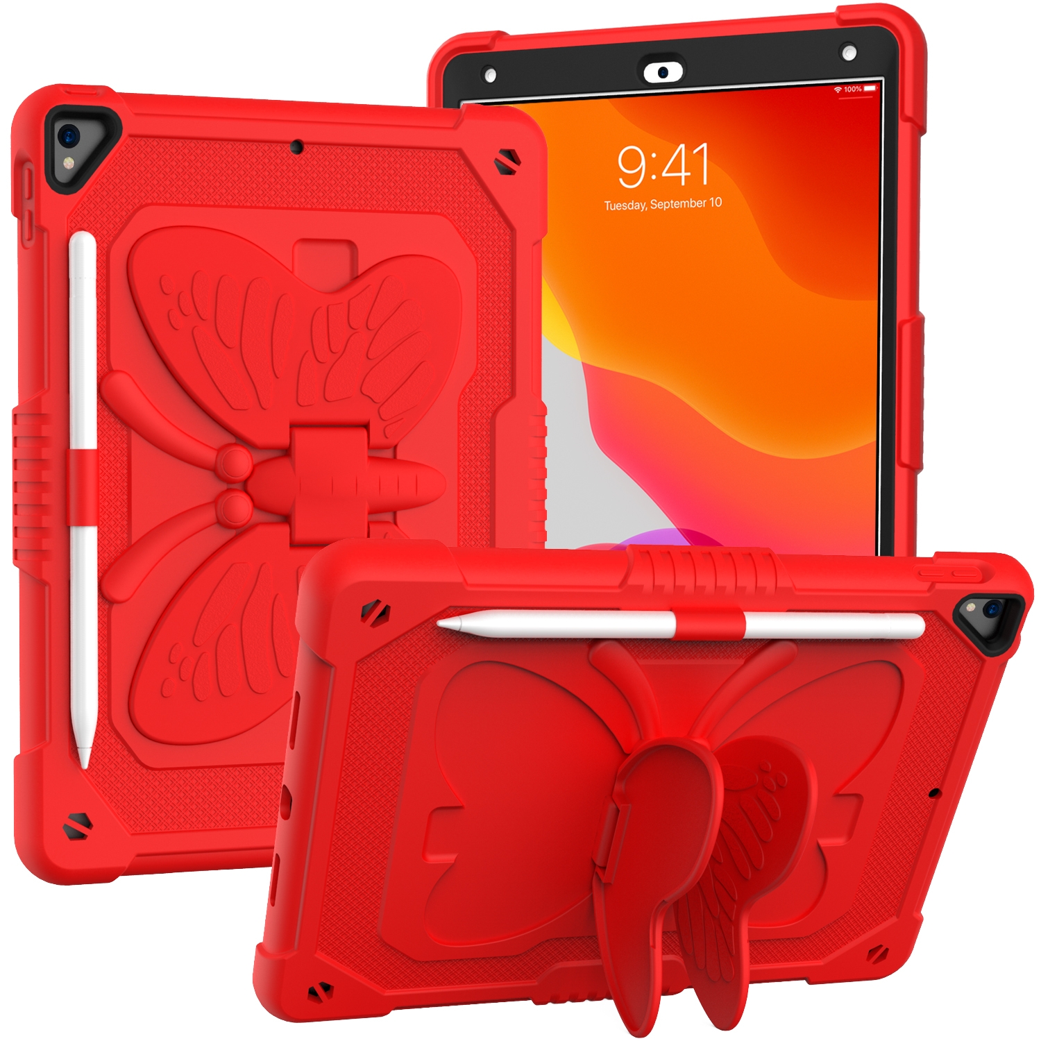 Pure Color PC + Silicone Anti-drop Protective Case with Butterfly Shape Holder & Pen Slot For iPad 10.2 2021 & 2020 & 2019 / Air 3 10.5 inch(Red) -