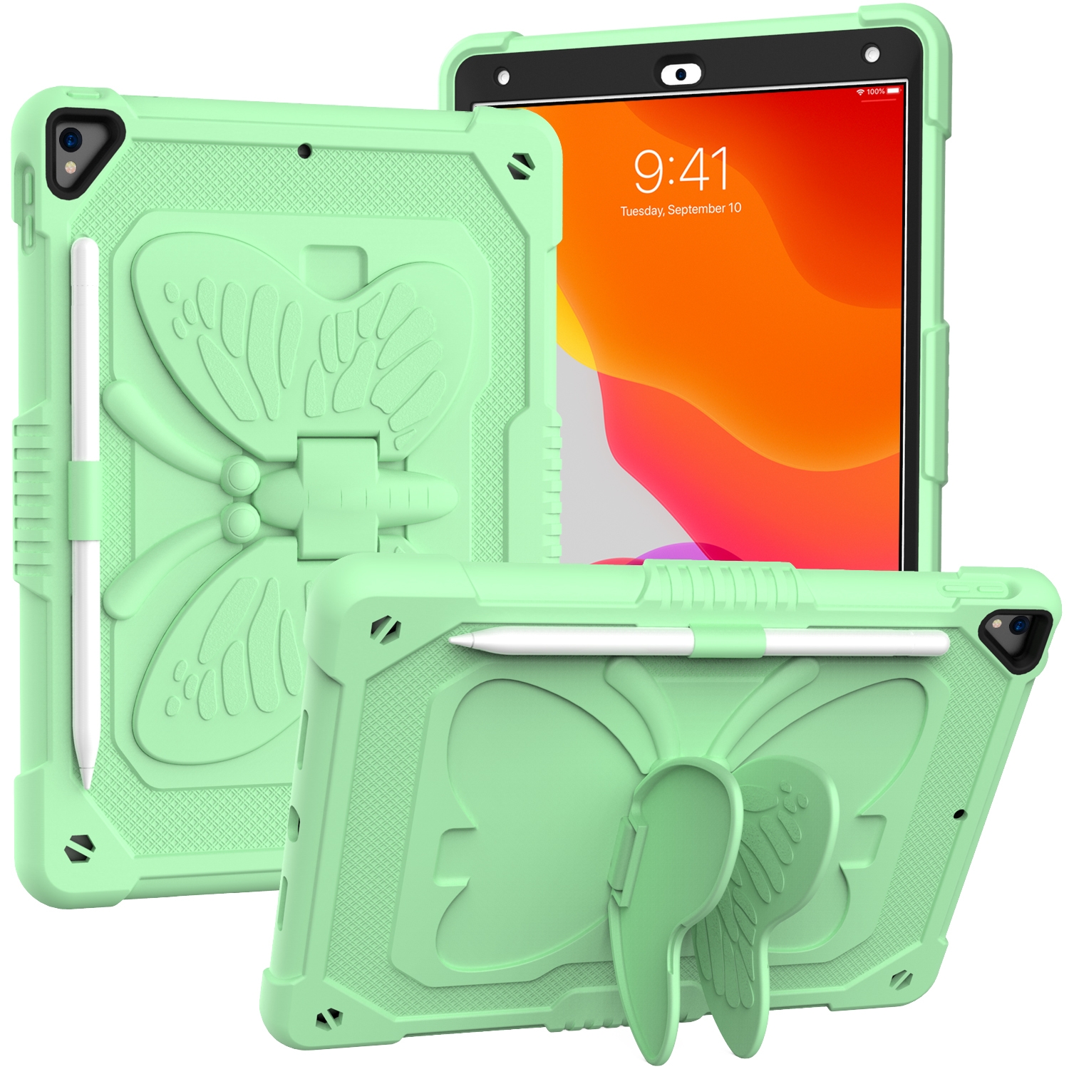 Pure Color PC + Silicone Anti-drop Protective Case with Butterfly Shape Holder & Pen Slot For iPad 10.2 2021 & 2020 & 2019 / Air 3 10.5 inch(Fresh