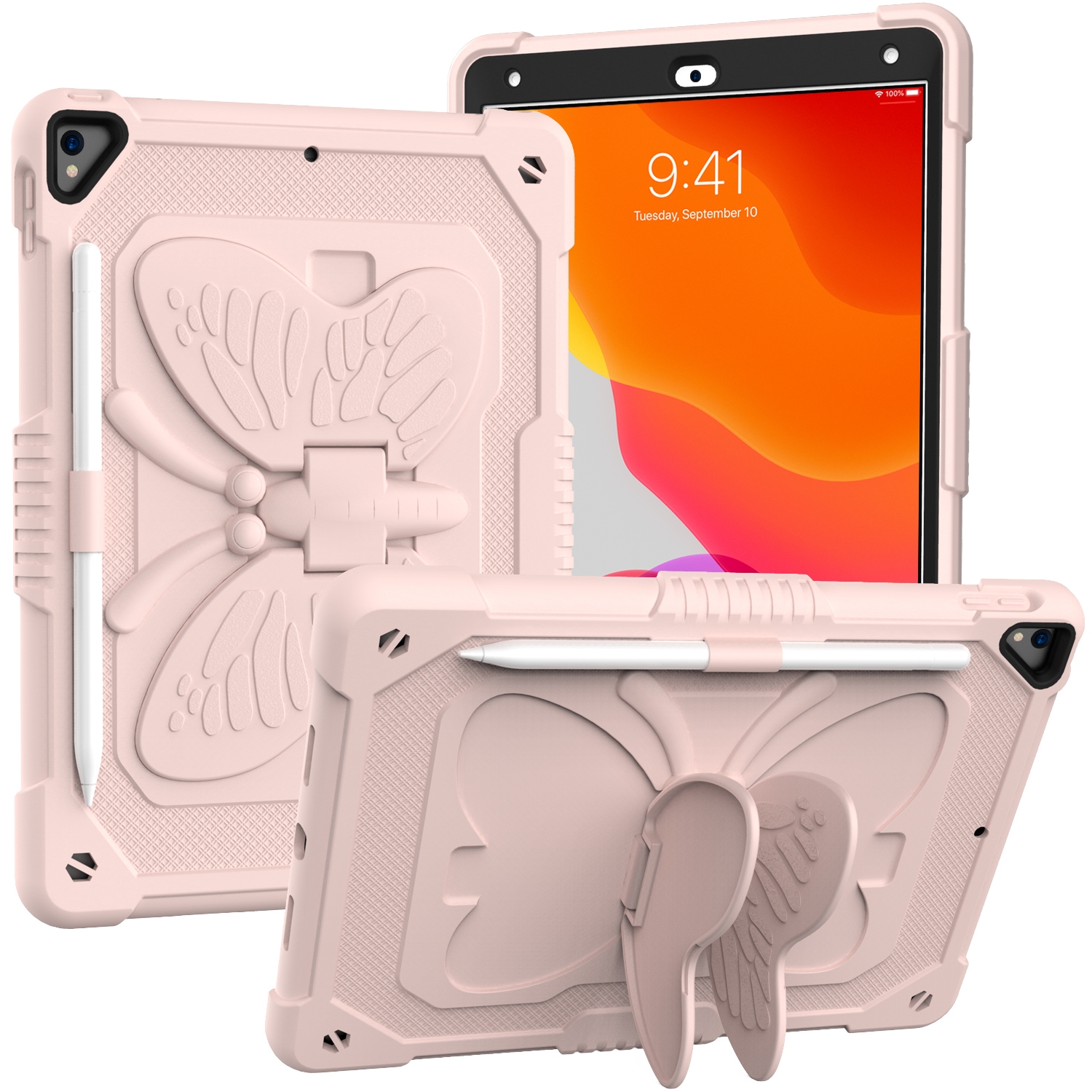 Pure Color PC + Silicone Anti-drop Protective Case with Butterfly Shape Holder & Pen Slot For iPad 10.2 2021 & 2020 & 2019 / Air 3 10.5 inch(Rose