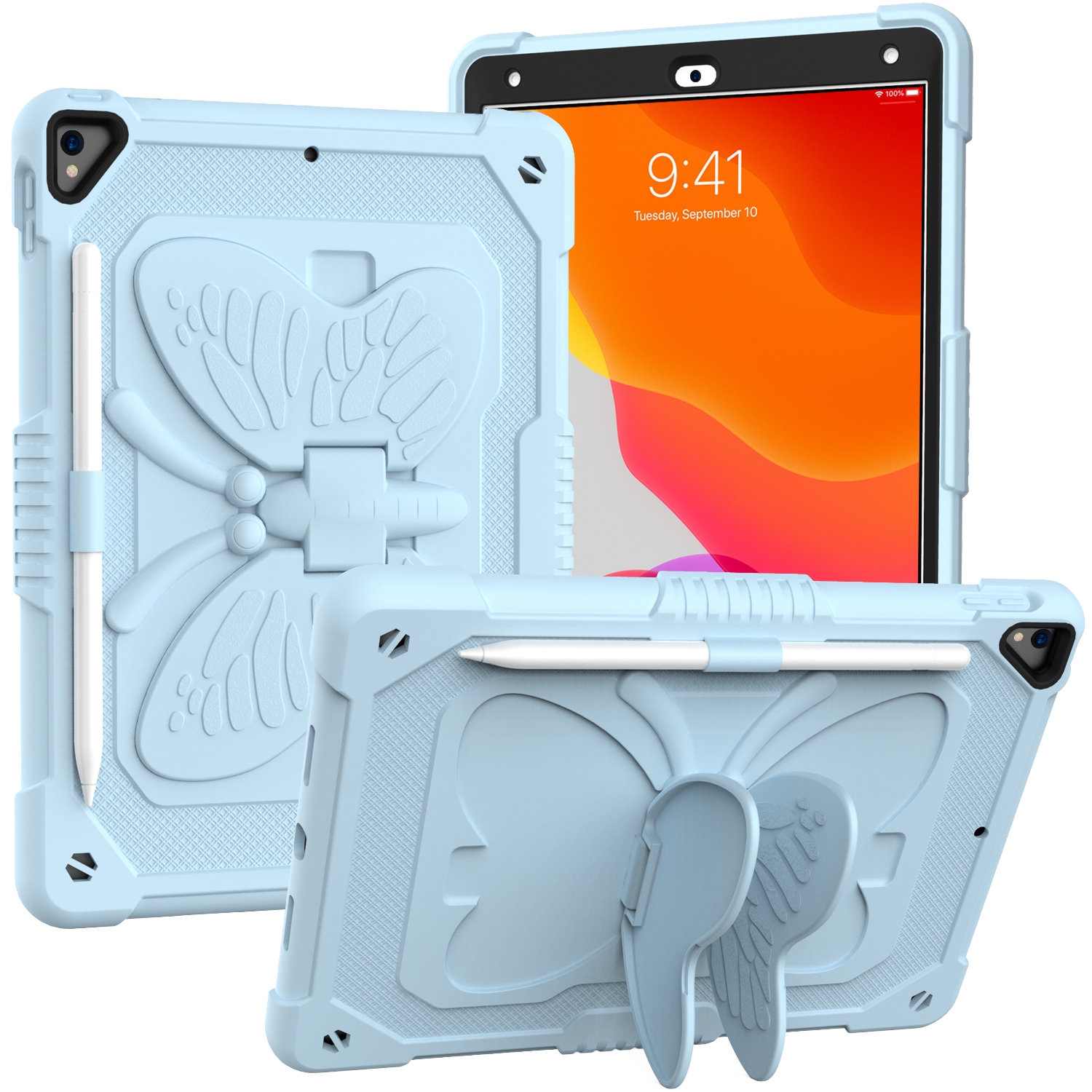 Pure Color PC + Silicone Anti-drop Protective Case with Butterfly Shape Holder & Pen Slot For iPad 10.2 2021 & 2020 & 2019 / Air 3 10.5 inch(Ice
