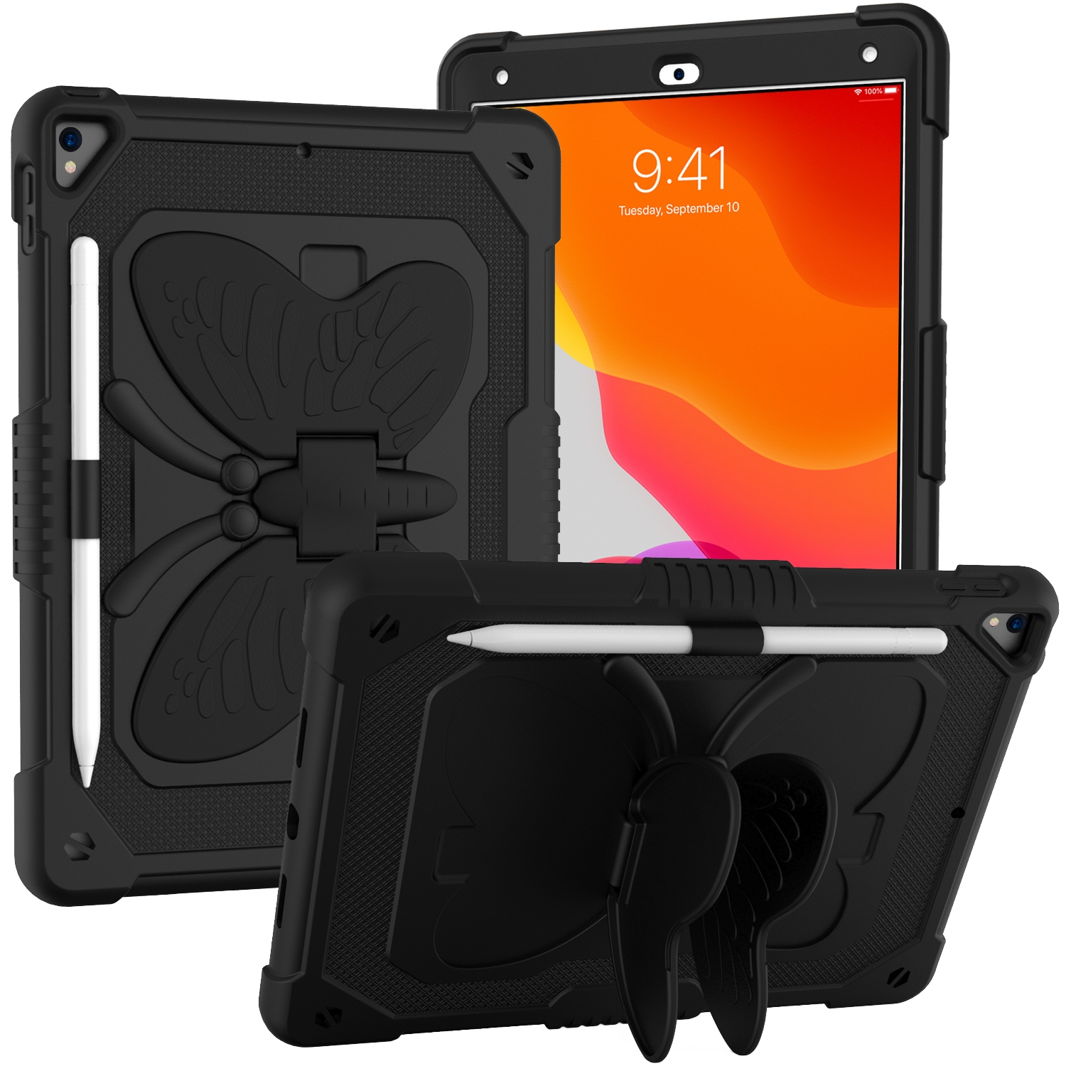 Pure Color PC + Silicone Anti-drop Protective Case with Butterfly Shape Holder & Pen Slot For iPad 10.2 2021 & 2020 & 2019 / Air 3 10.5 inch(Black) -