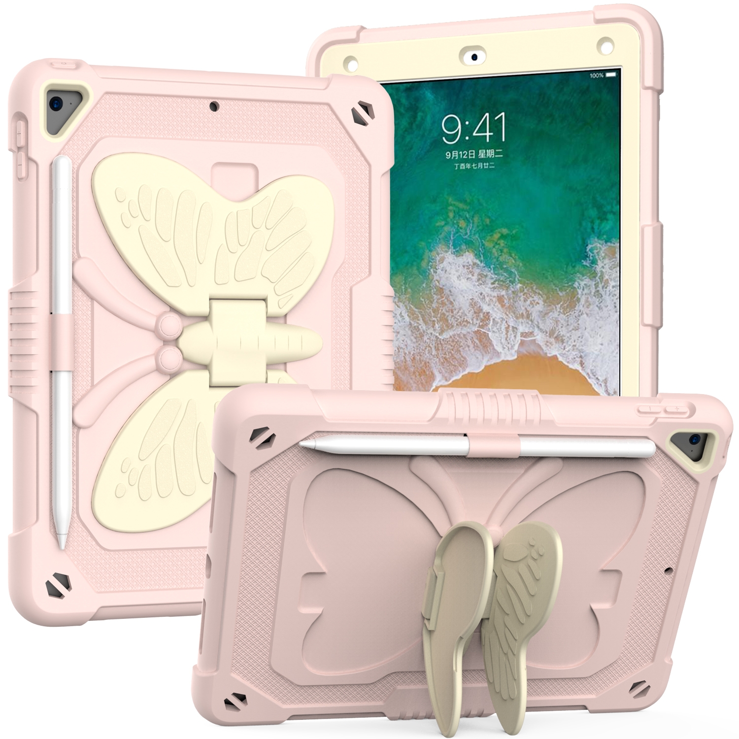 Beige PC + Silicone Anti-drop Protective Case with Butterfly Shape Holder & Pen Slot For iPad 9.7 2018 & 2017 / Pro 9.7 inch / Air 2 / 6(Beige + Rose