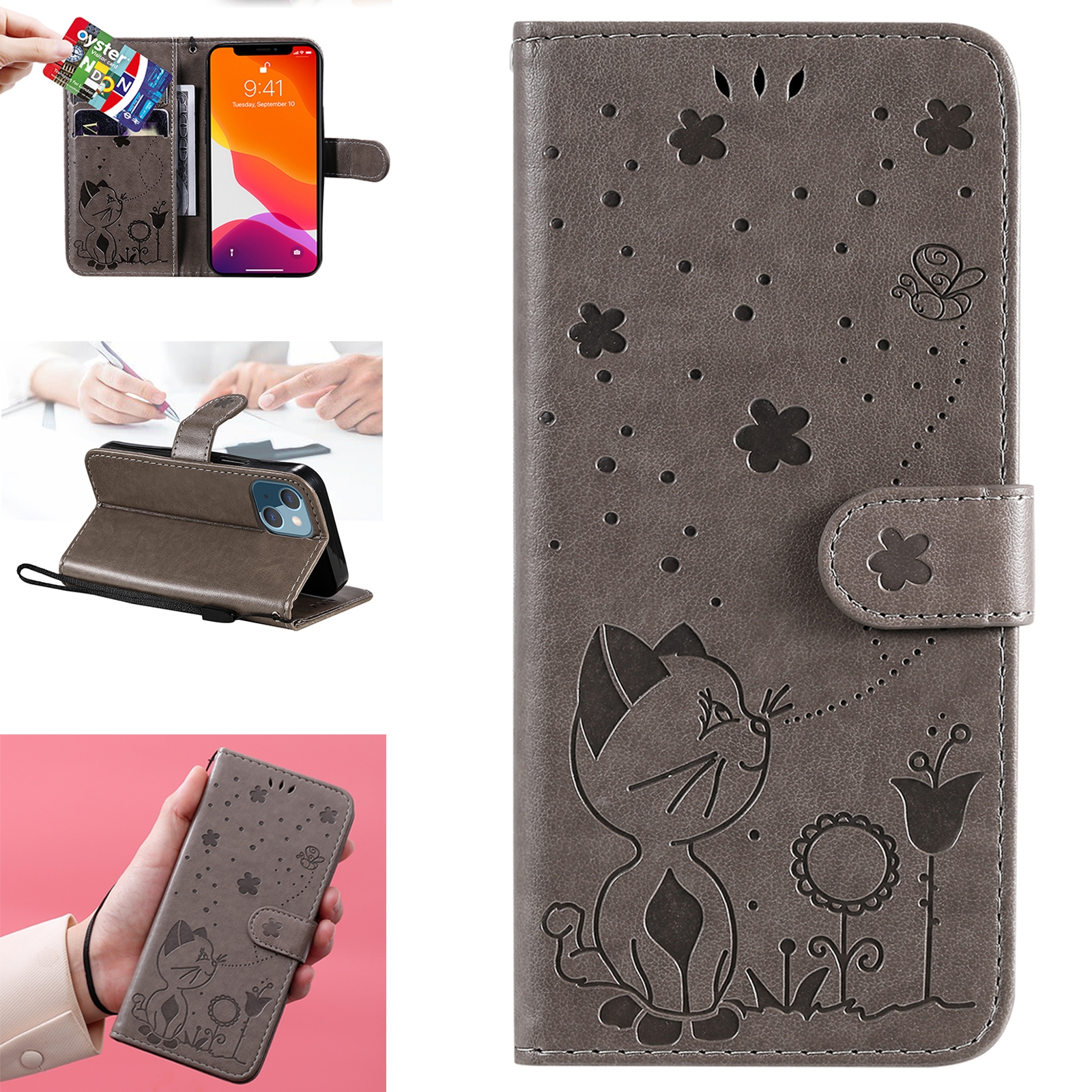 For iPhone 13 mini Cat Bee Embossing Pattern Shockproof Horizontal Flip Leather Case with Holder & Card Slots & Wallet (Grey) - Shopkiz.com
