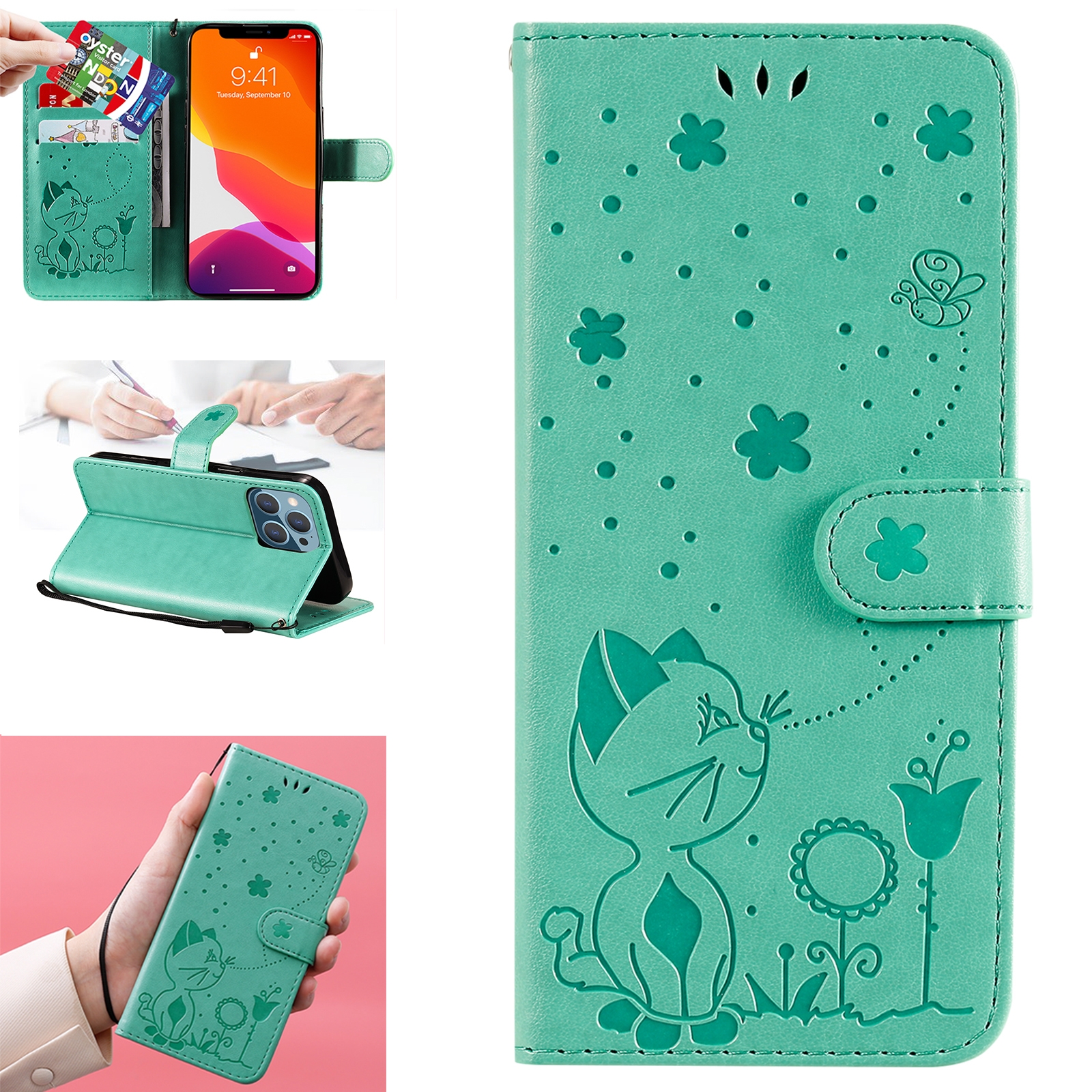 For iPhone 13 Pro Cat Bee Embossing Pattern Shockproof Horizontal Flip Leather Case with Holder & Card Slots & Wallet (Green) - Shopkiz.com