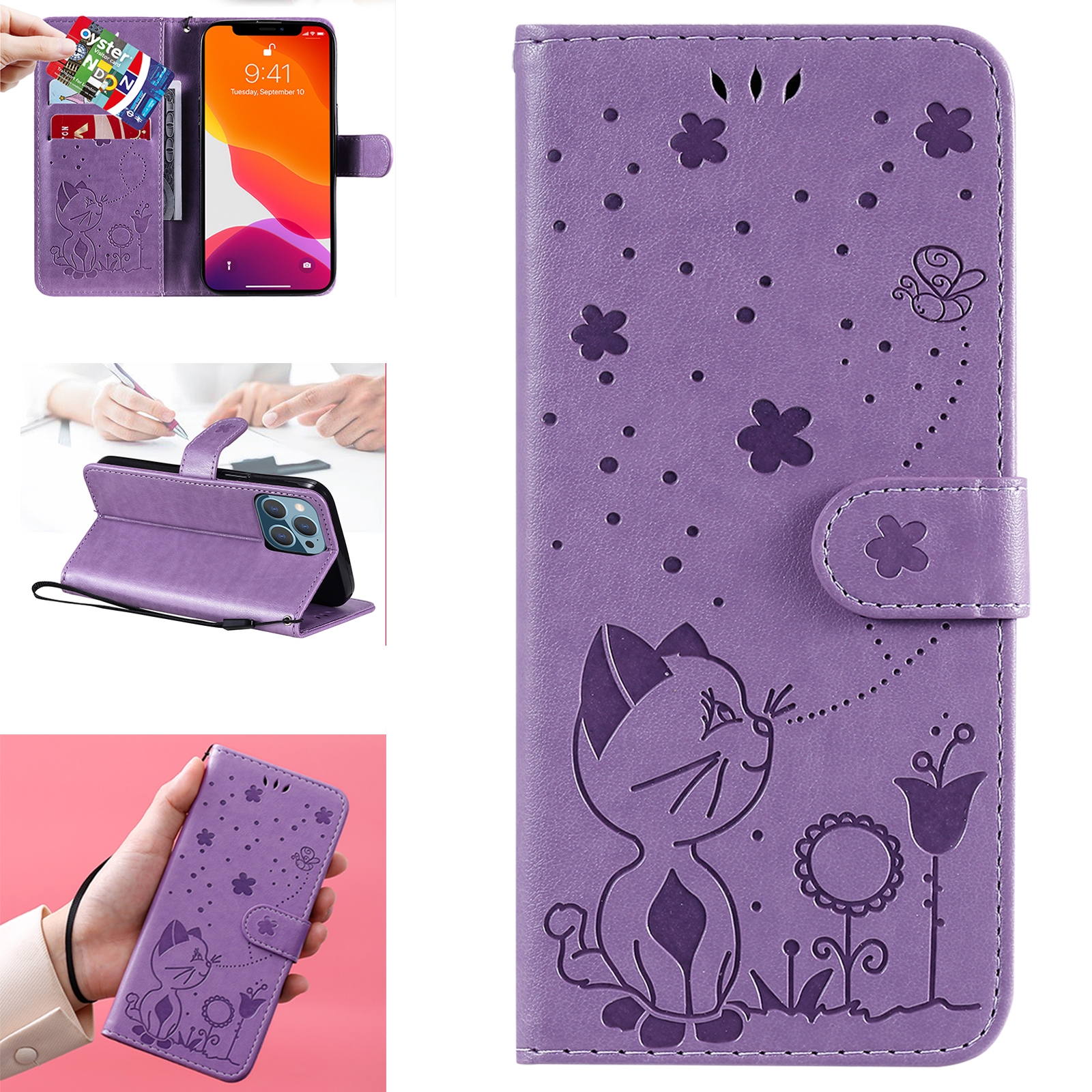 For iPhone 13 Pro Cat Bee Embossing Pattern Shockproof Horizontal Flip Leather Case with Holder & Card Slots & Wallet (Purple) - Shopkiz.com
