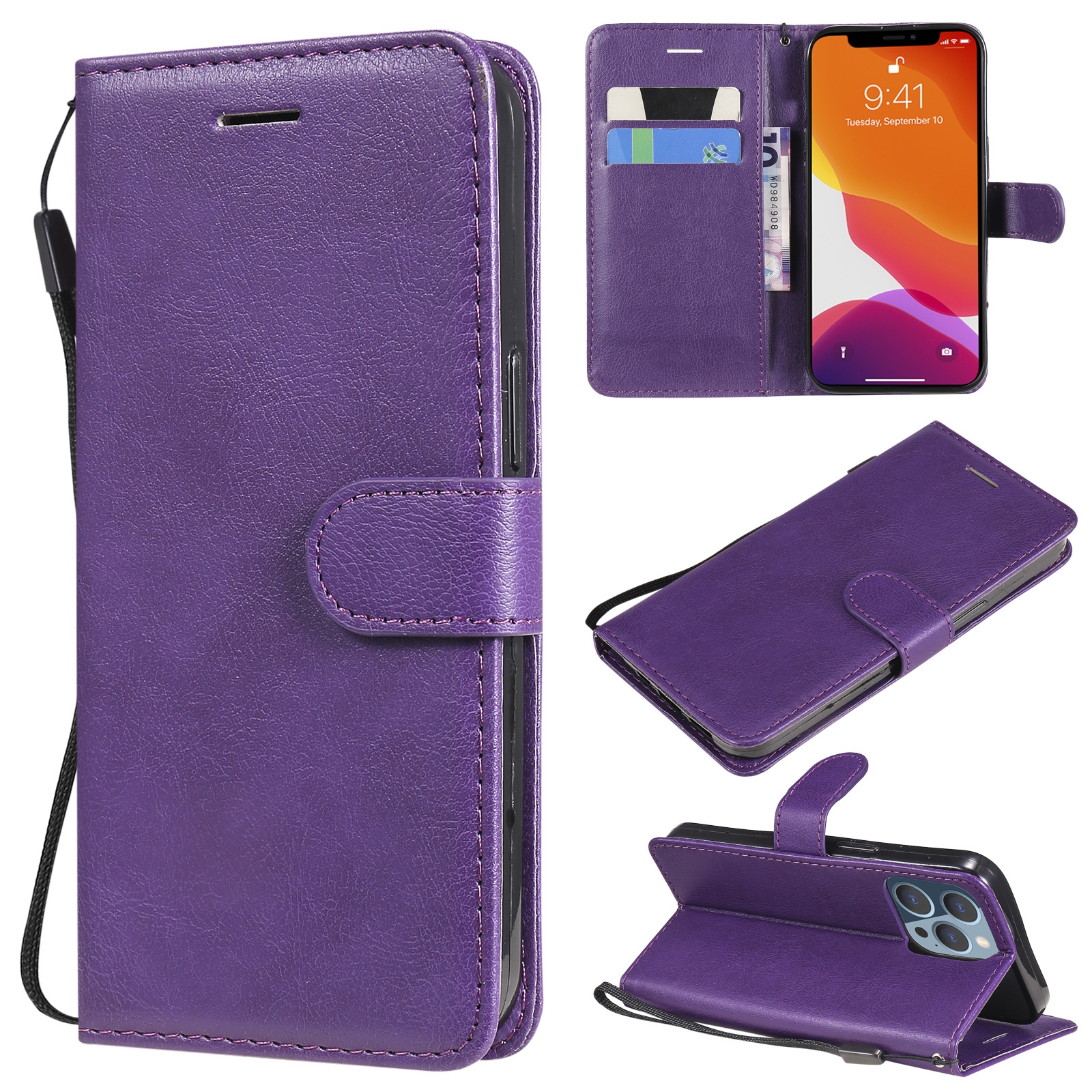 For iPhone 13 Pro Pure Color Horizontal Flip Leather Case with Holder & Card Slots & Wallet & Lanyard (Purple) - Shopkiz.com