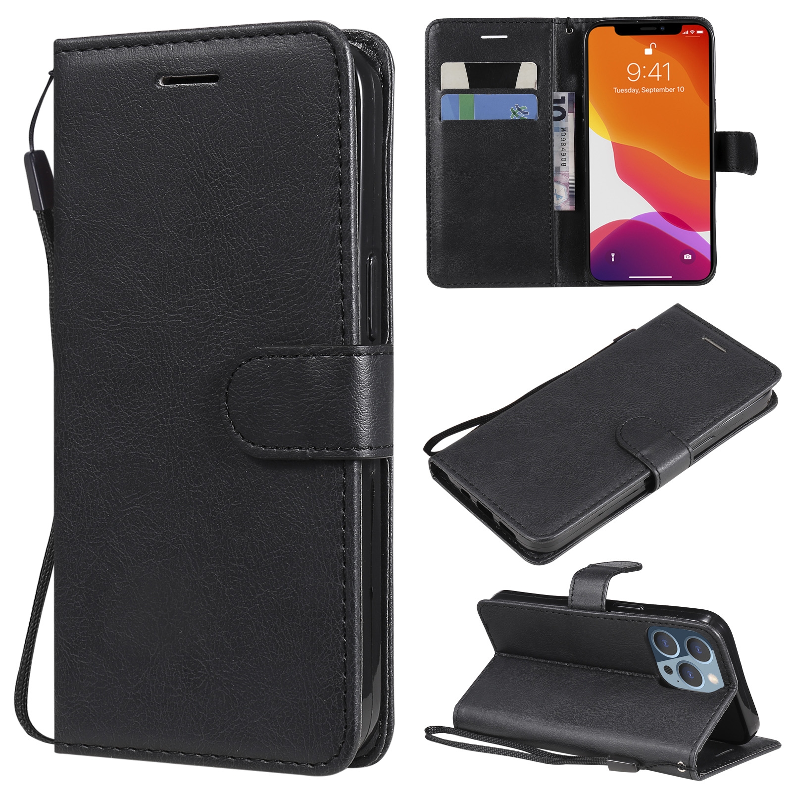 For iPhone 13 Pro Pure Color Horizontal Flip Leather Case with Holder & Card Slots & Wallet & Lanyard (Black) - Shopkiz.com