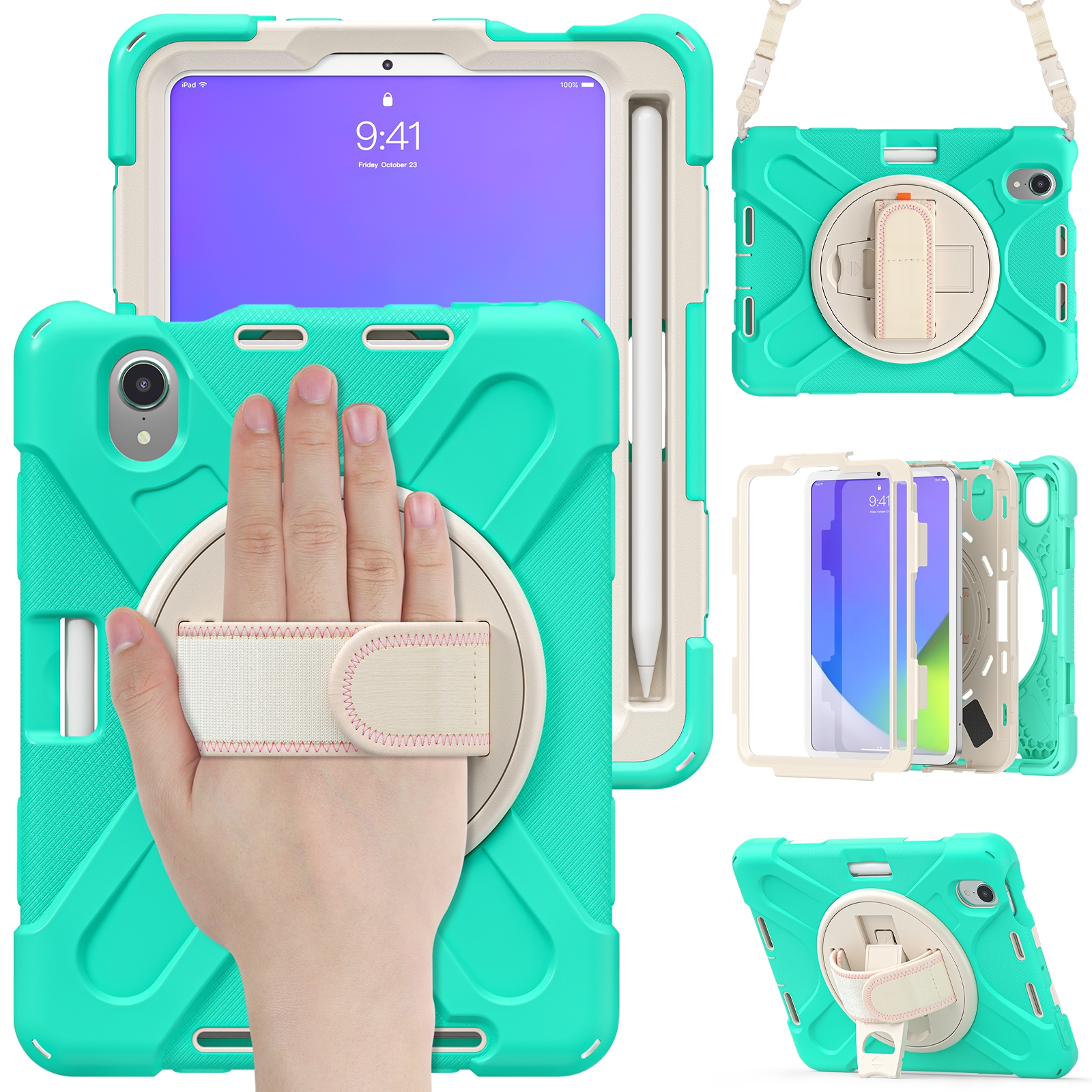 For iPad mini 6 / mini 2024 Silicone Hybrid PC Tablet Case with Grip Holder & Shoulder Strap(Mint Green) - Shopkiz.com