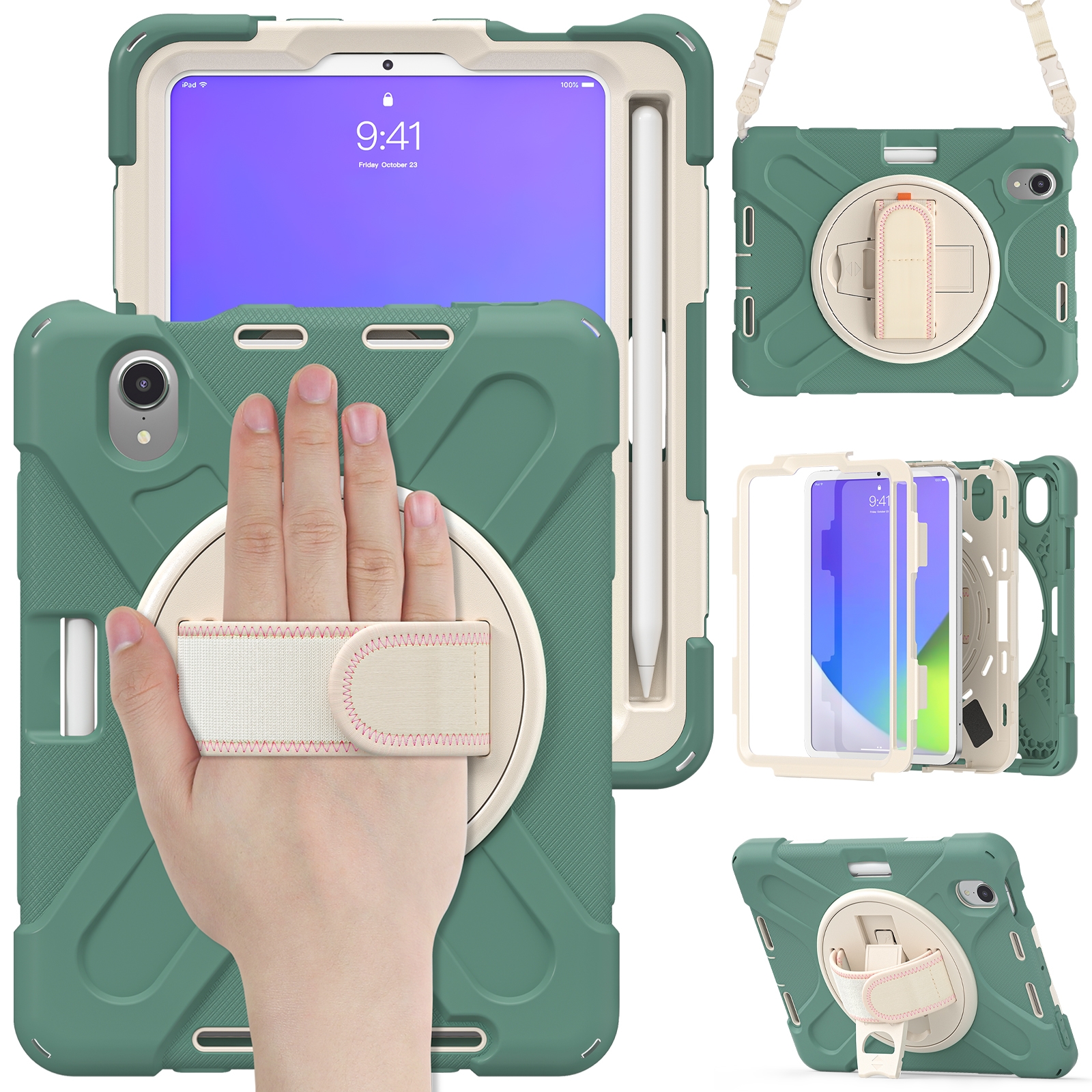 For iPad mini 6 / mini 2024 Silicone Hybrid PC Tablet Case with Grip Holder & Shoulder Strap(Emerald Green) - Shopkiz.com