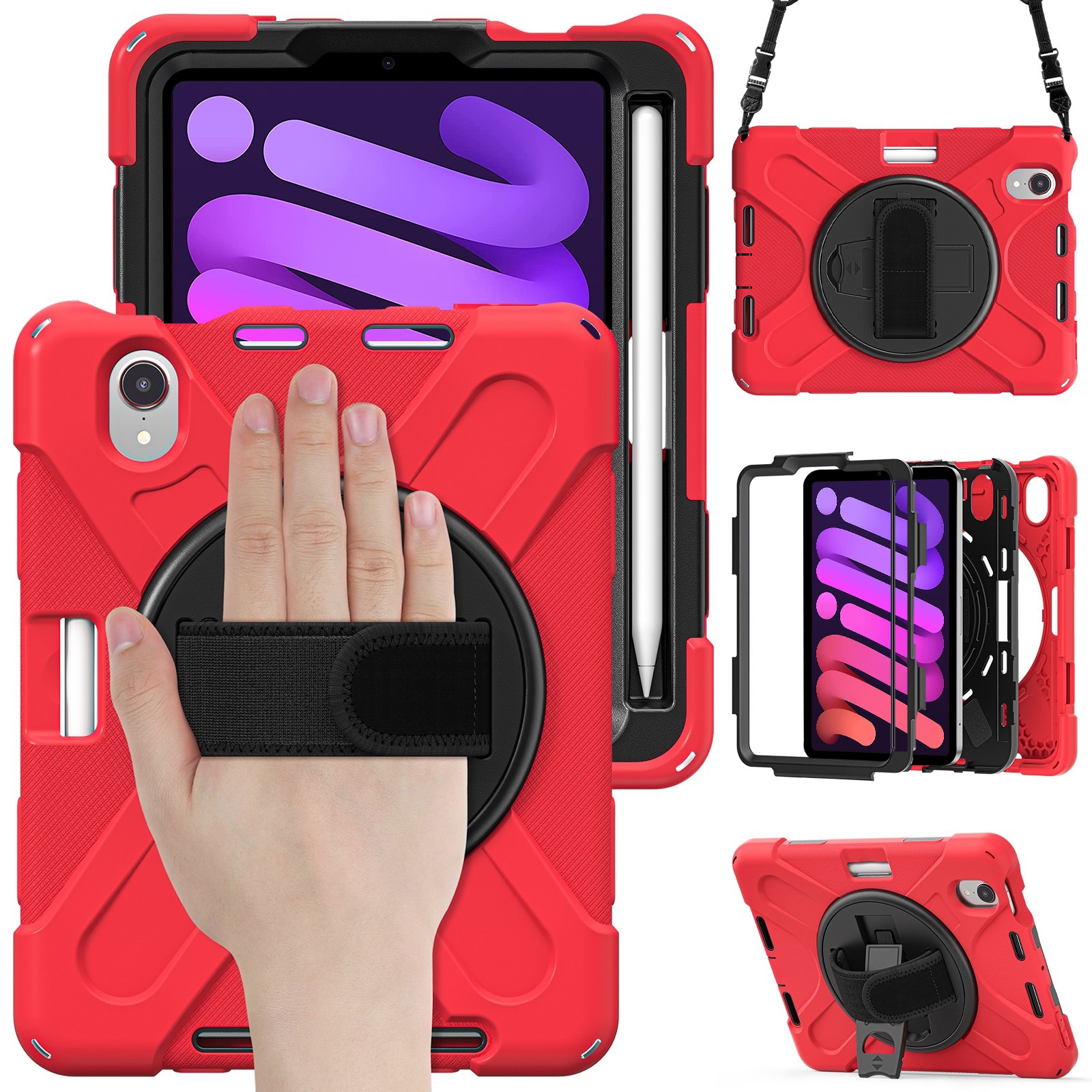 For iPad mini 6 / mini 2024 Silicone Hybrid PC Tablet Case with Grip Holder & Shoulder Strap(Red) - Shopkiz.com