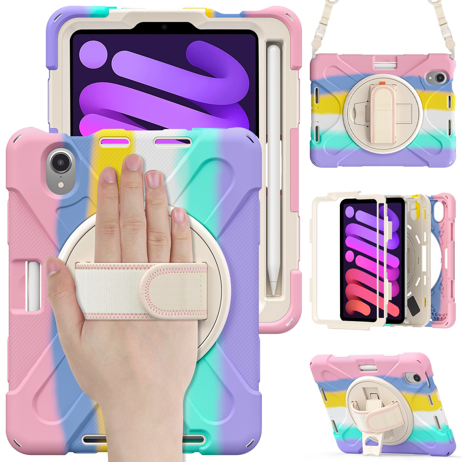 For iPad mini 6 / mini 2024 Silicone Hybrid PC Tablet Case with Grip Holder & Shoulder Strap(Colorful Pink) - Shopkiz.com