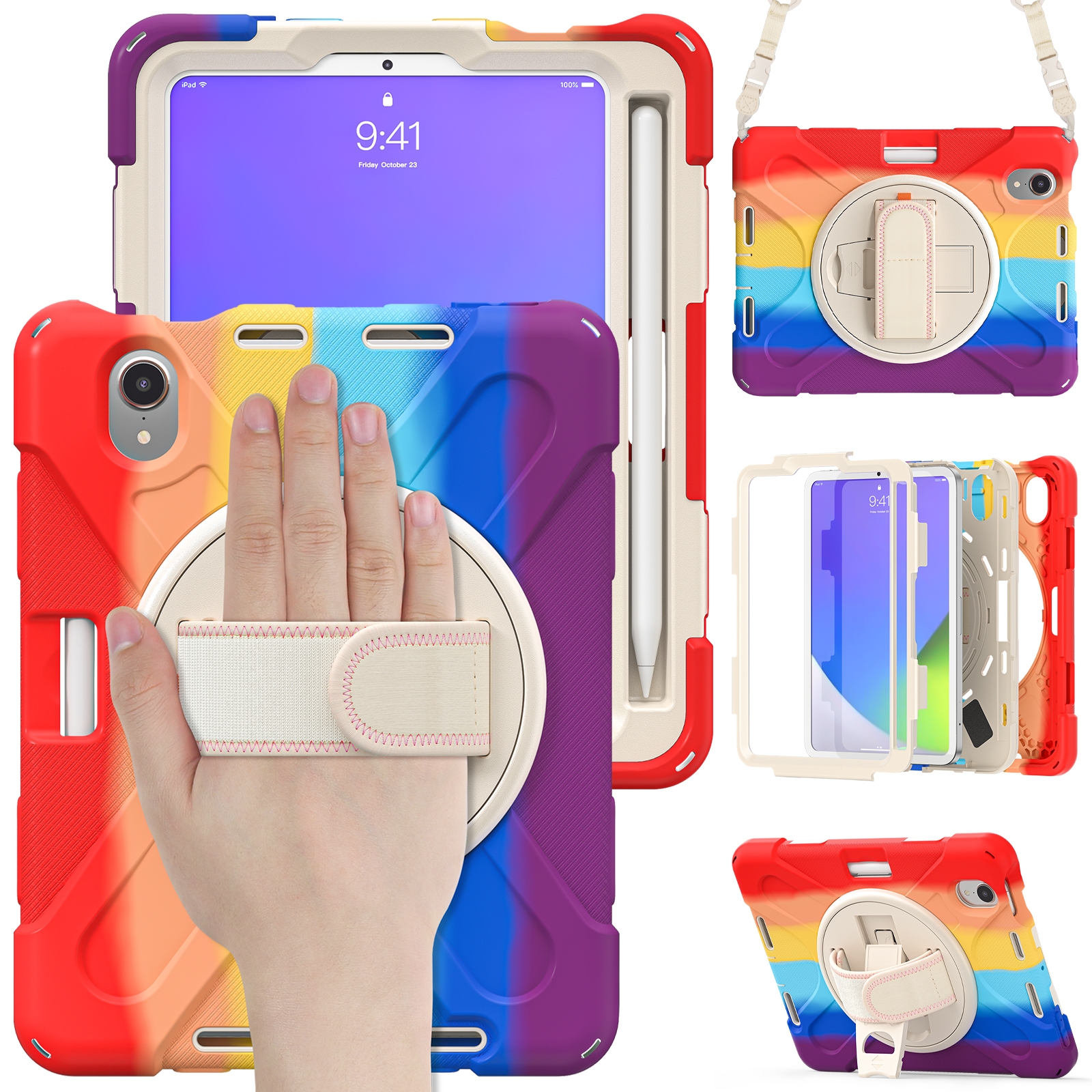 For iPad mini 6 / mini 2024 Silicone Hybrid PC Tablet Case with Grip Holder & Shoulder Strap(Colorful Red) - Shopkiz.com