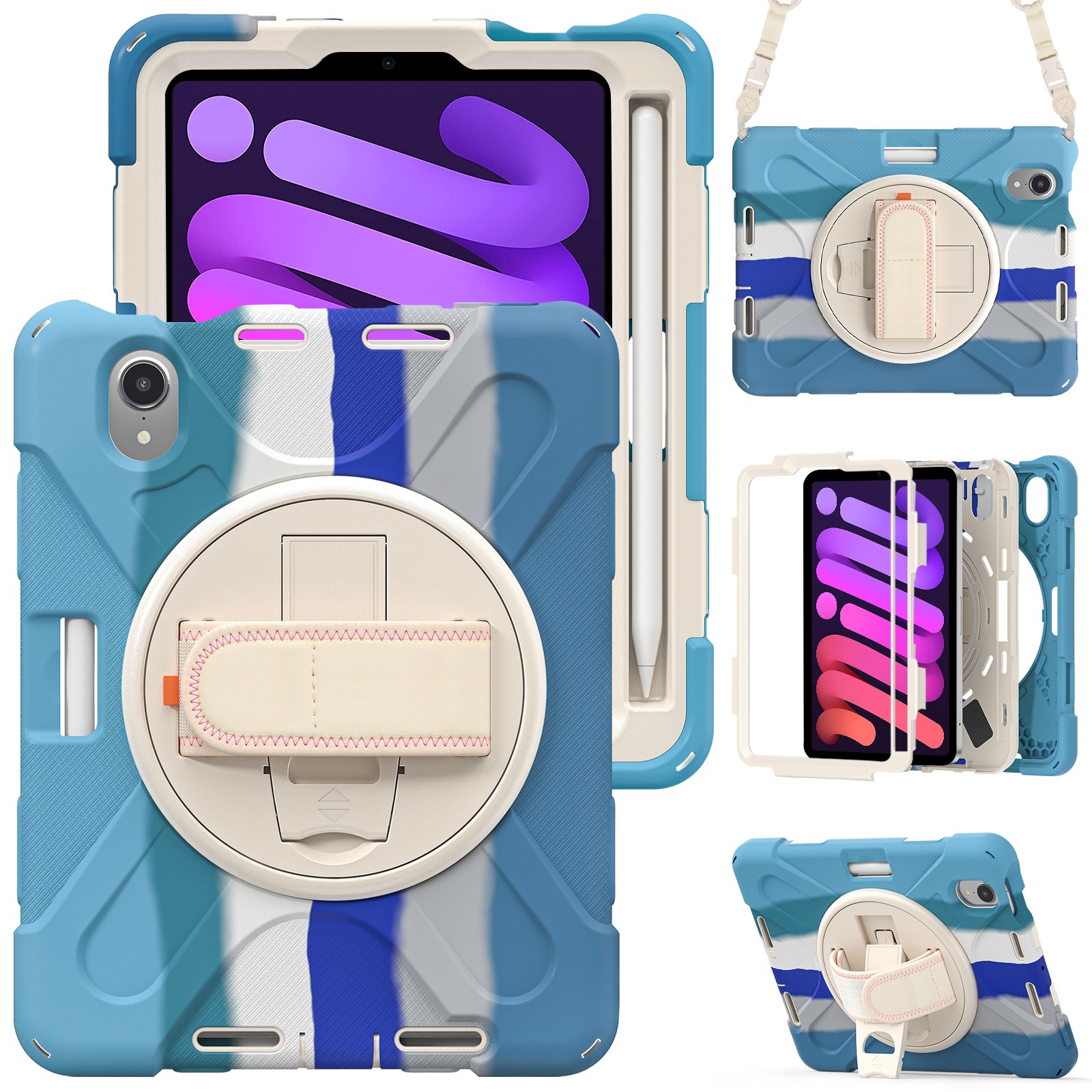 For iPad mini 6 / mini 2024 Silicone Hybrid PC Tablet Case with Grip Holder & Shoulder Strap(Colorful Blue) - Shopkiz.com