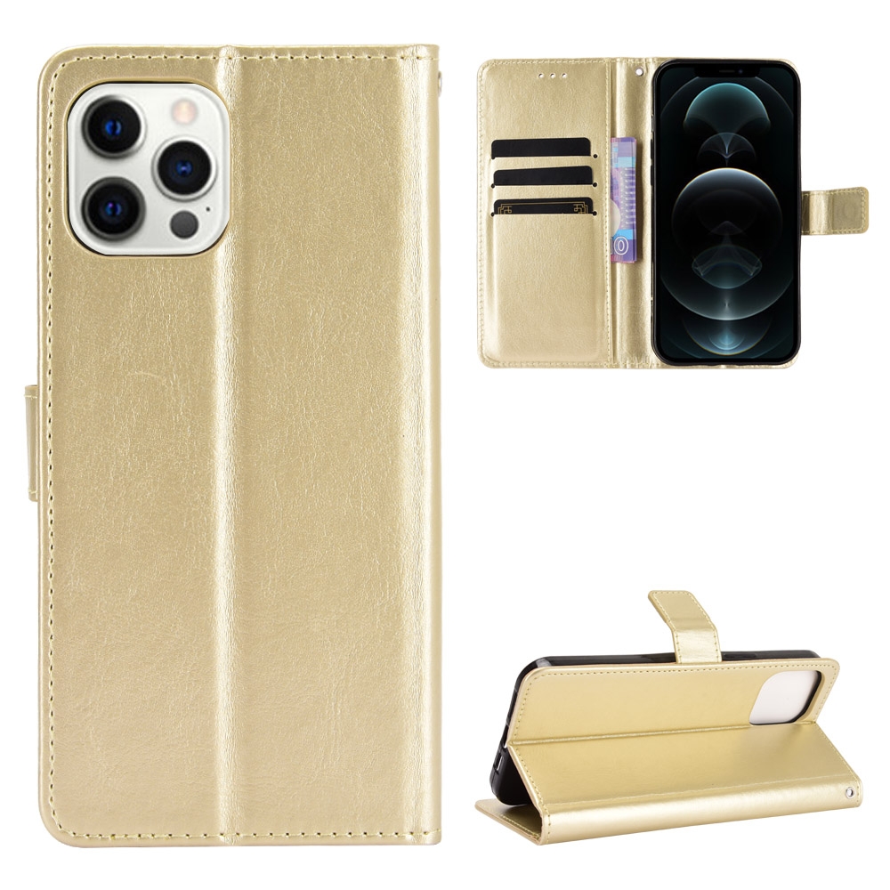 For iPhone 13 Pro Crazy Horse Texture Horizontal Flip Leather Case with Holder & Card Slots & Lanyard (Gold) - Shopkiz.com