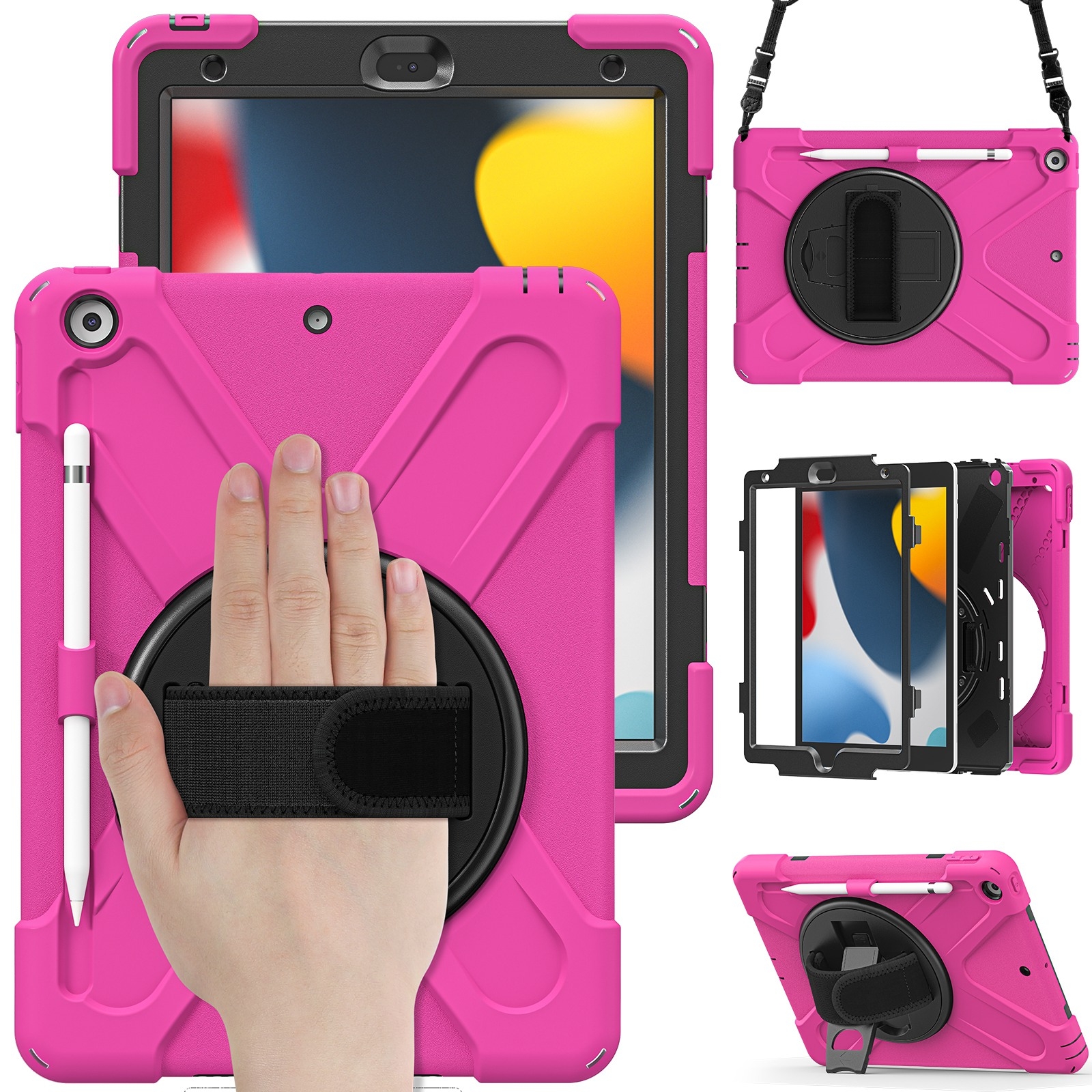 For iPad 10.2 2021 / 2020 / 2019 Silicone + PC Protective Case with Holder & Shoulder Strap(Rose Red) - Shopkiz.com