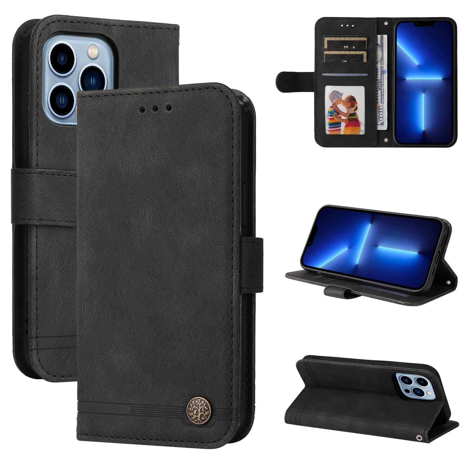 For iPhone 13 Pro Skin Feel Life Tree Metal Button Horizontal Flip Leather Case with Holder & Card Slot & Wallet & Photo Frame & Strap (Black) -