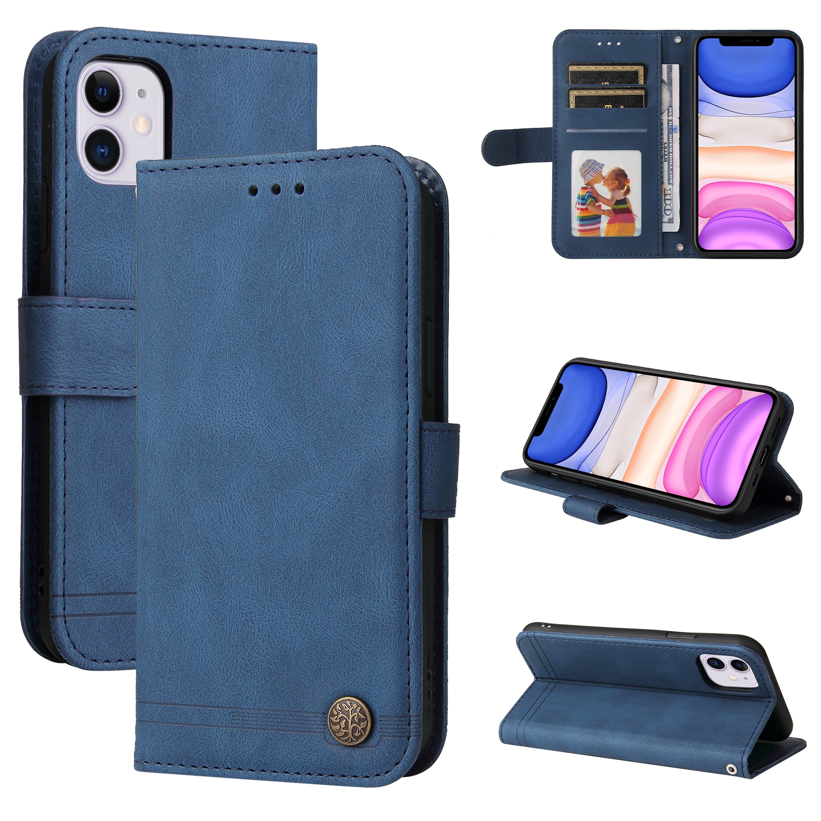 For iPhone 12 mini Skin Feel Life Tree Metal Button Horizontal Flip Leather Case with Holder & Card Slot & Wallet & Photo Frame & Strap (Blue) -