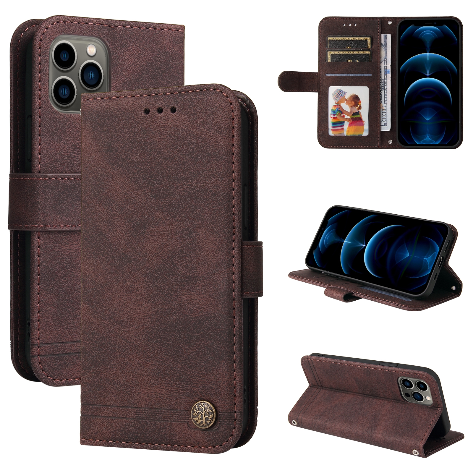 For iPhone 12 / 12 Pro Skin Feel Life Tree Metal Button Horizontal Flip Leather Case with Holder & Card Slot & Wallet & Photo Frame & Strap(Brown) -