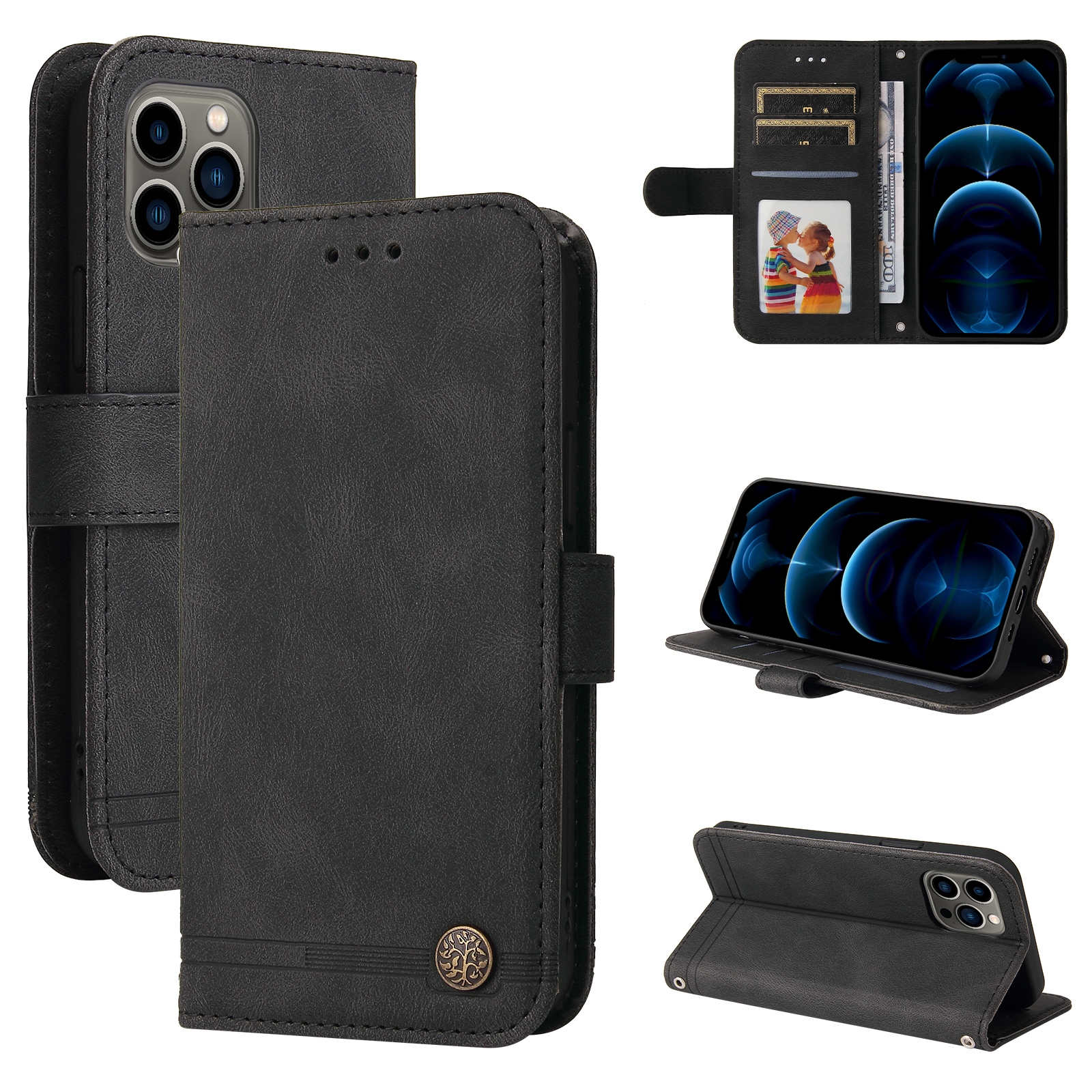 For iPhone 12 / 12 Pro Skin Feel Life Tree Metal Button Horizontal Flip Leather Case with Holder & Card Slot & Wallet & Photo Frame & Strap(Black) -