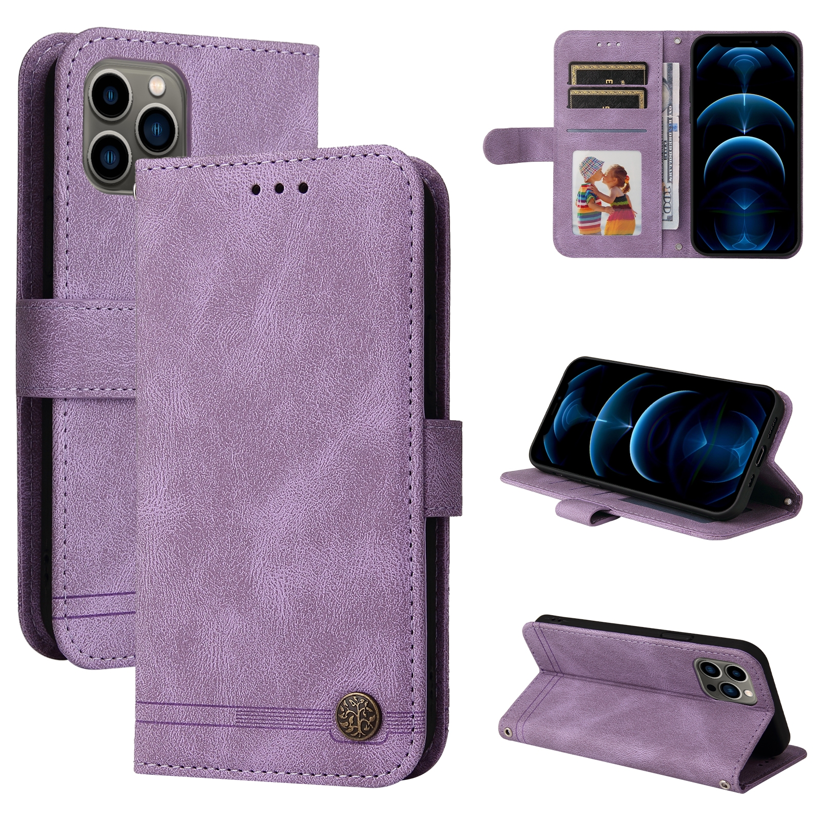 For iPhone 12 Pro Max Skin Feel Life Tree Metal Button Horizontal Flip Leather Case with Holder & Card Slot & Wallet & Photo Frame & Strap(Purple) -