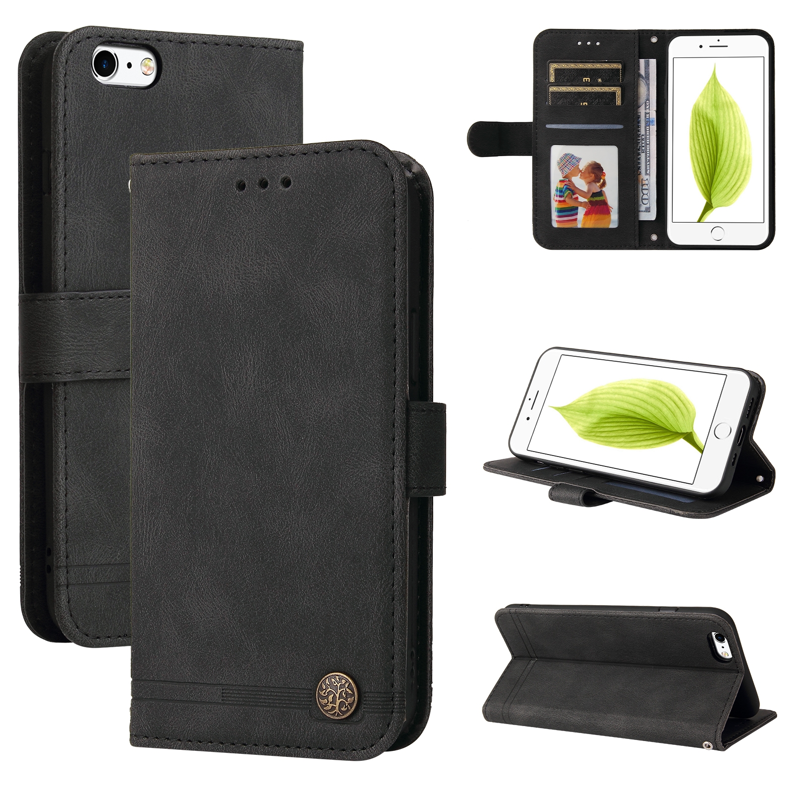 Skin Feel Life Tree Metal Button Horizontal Flip Leather Case with Holder & Card Slot & Wallet & Photo Frame & Strap For iPhone 6 / 6s(Black) -