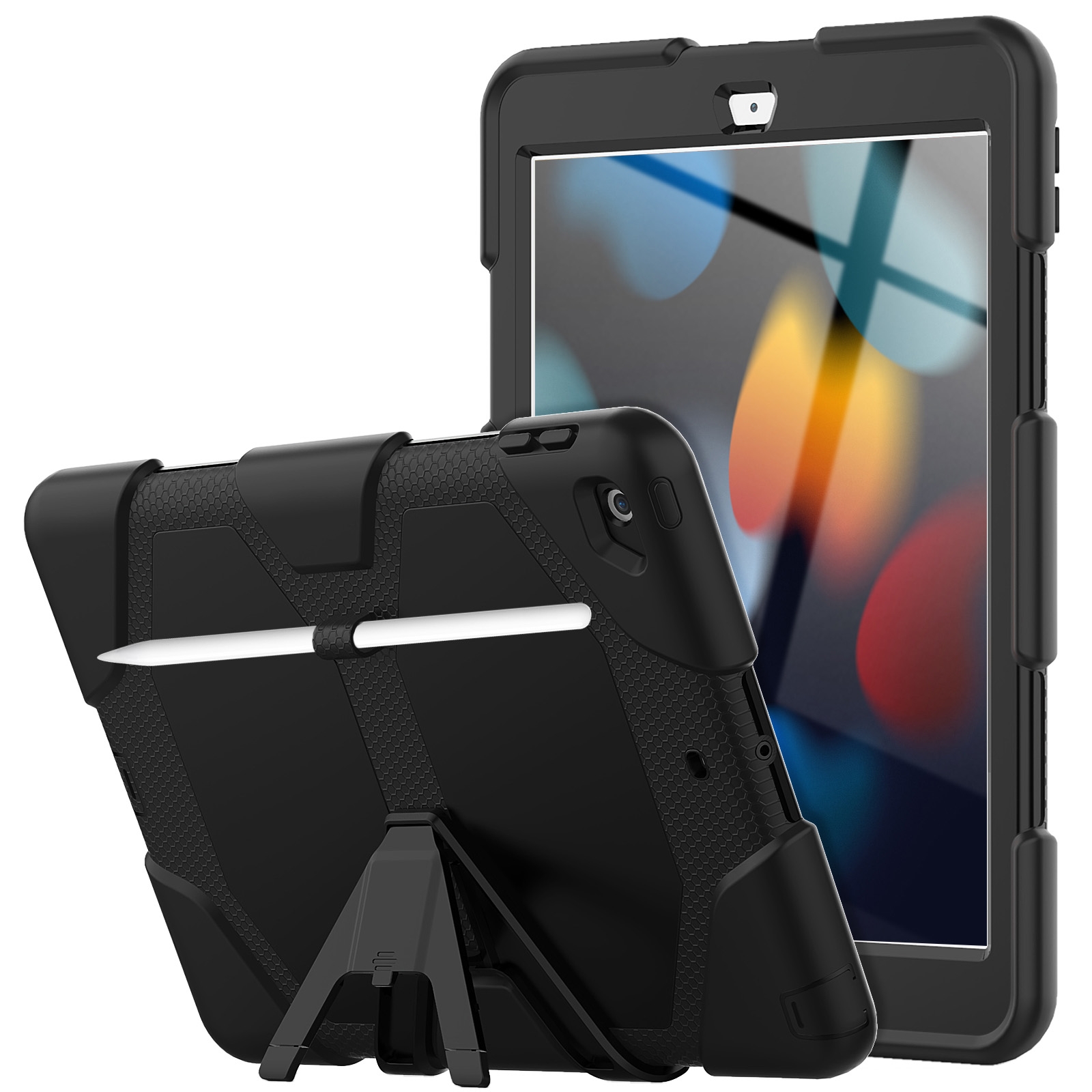 For iPad 10.2 2021 / 2020 / 2019 Shockproof Colorful Silicone + PC Protective Case with Holder & Pen Slot(Black) - Shopkiz.com