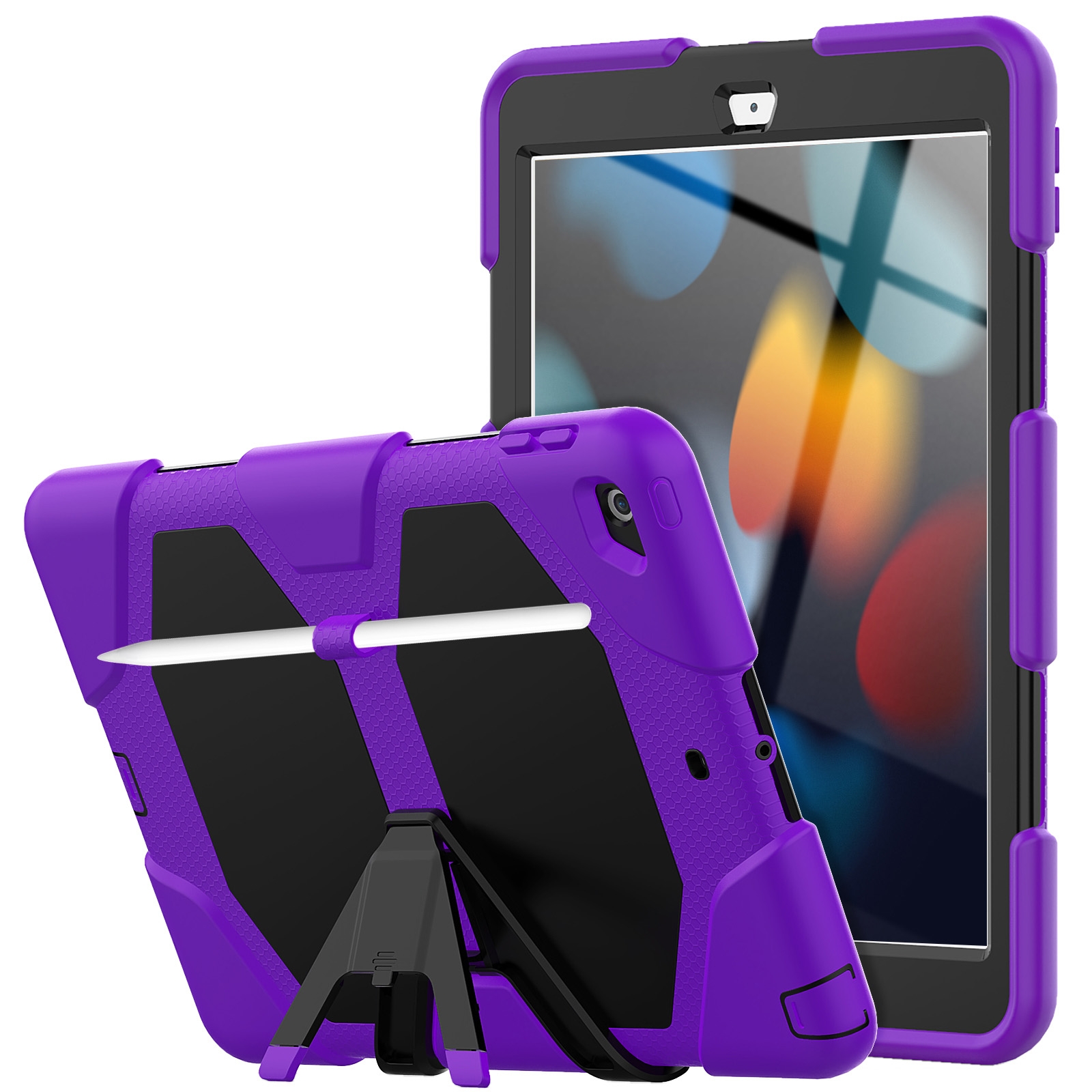 For iPad 10.2 2021 / 2020 / 2019 Shockproof Colorful Silicone + PC Protective Case with Holder & Pen Slot(Purple) - Shopkiz.com