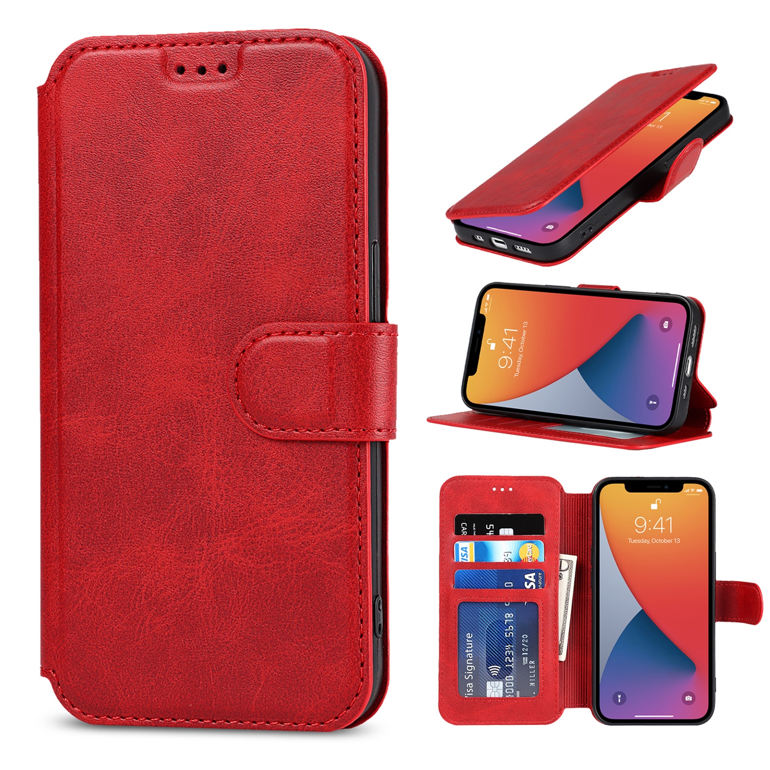 For iPhone 13 mini Shockproof PU + TPU Leather Case with Card Slots & Holder & Photo Frame & Wallet (Red) - Shopkiz.com