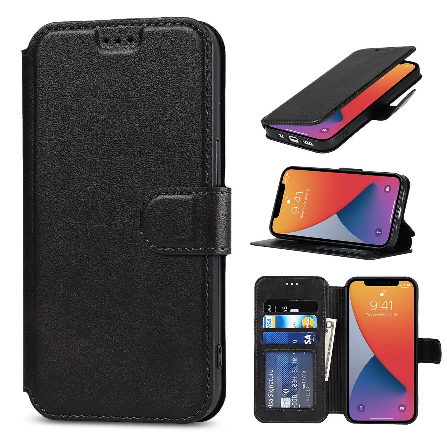 For iPhone 13 Pro Shockproof PU + TPU Leather Case with Card Slots & Holder & Photo Frame & Wallet (Black) - Shopkiz.com