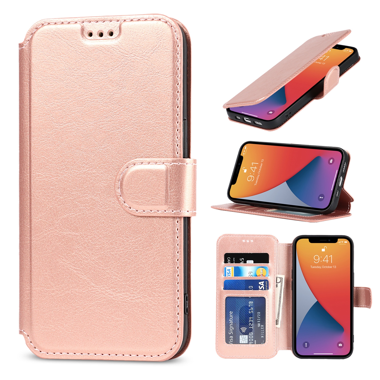 For iPhone 13 Pro Shockproof PU + TPU Leather Case with Card Slots & Holder & Photo Frame & Wallet (Rose Gold) - Shopkiz.com