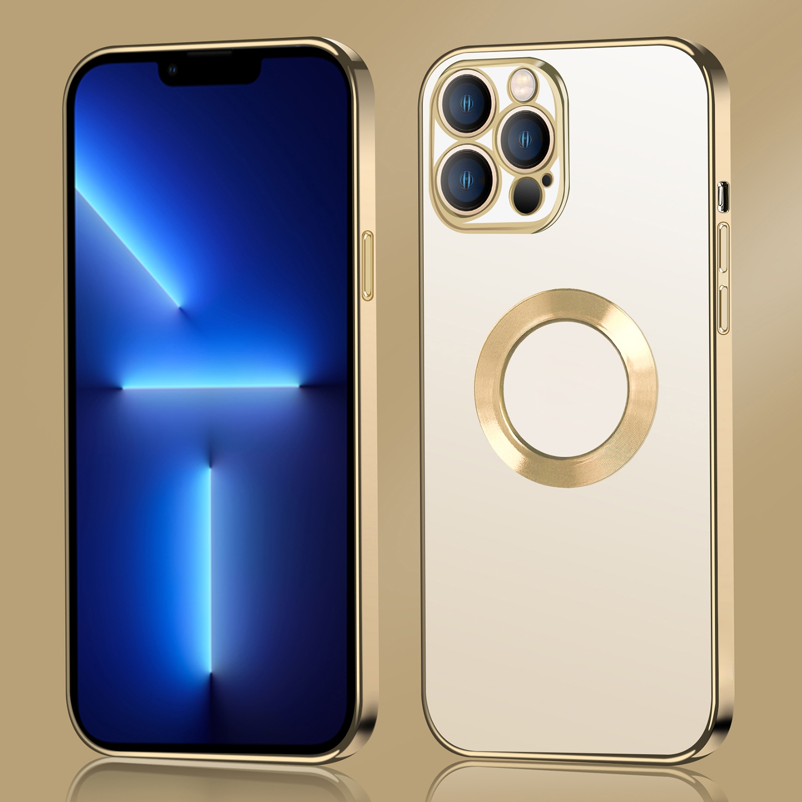 For iPhone 13 9D Electroplated Edge Metal Ring Clear PC + TPU Shockproof Case(Gold) - Shopkiz.com